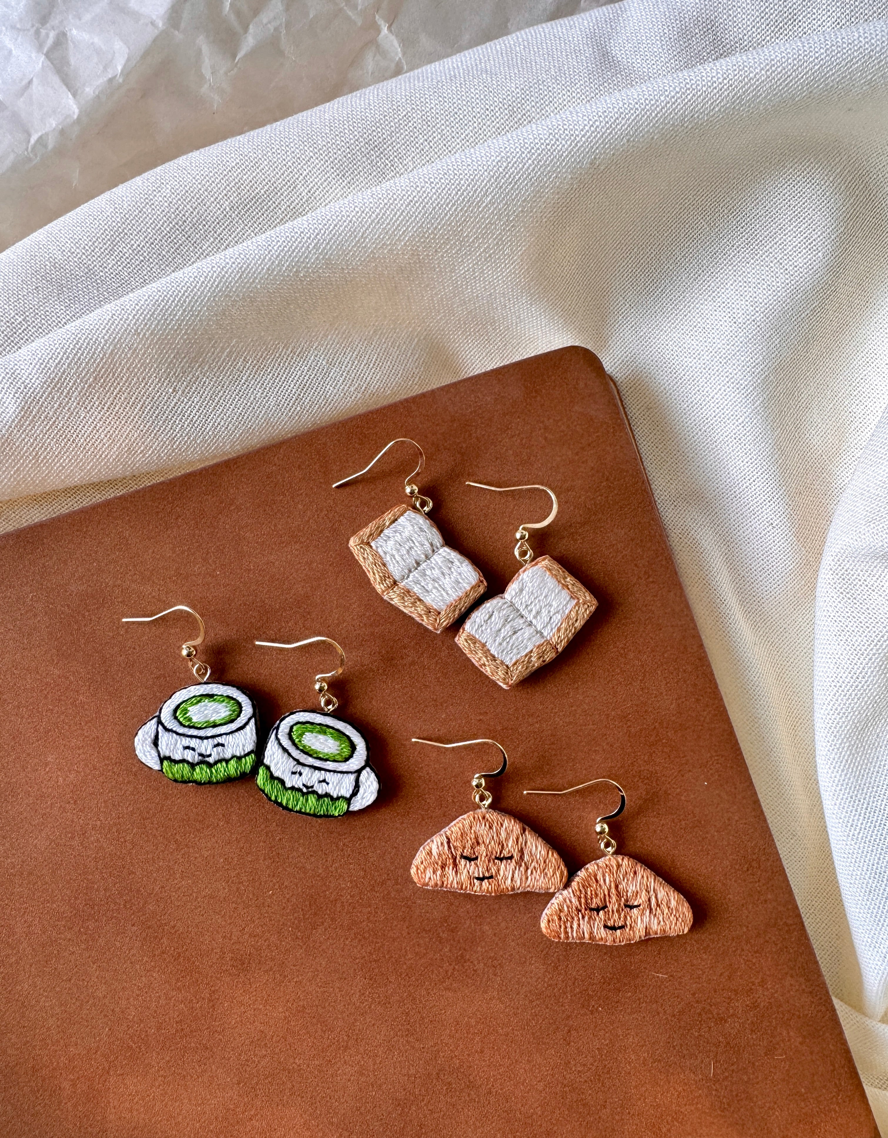 Matcha Cup Hand Embroidered Earrings