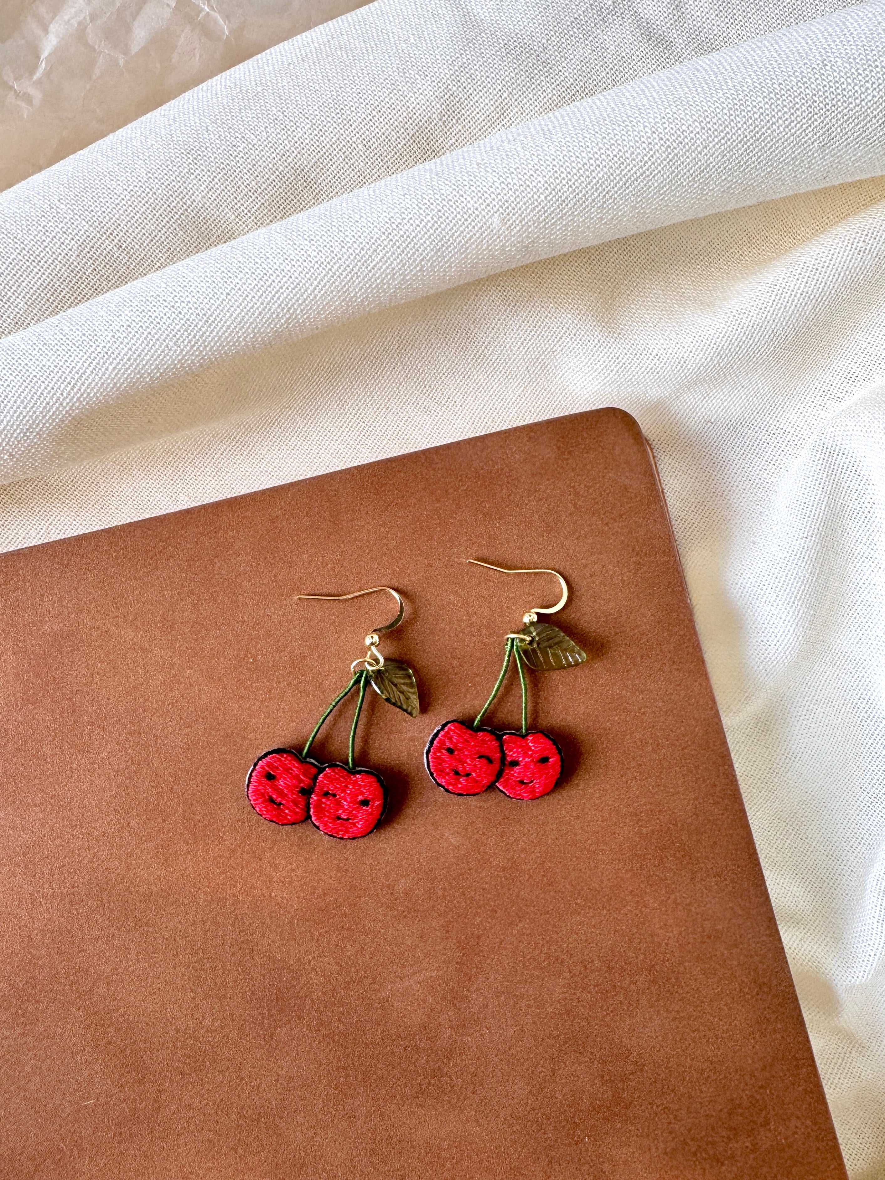 Cherries Hand Embroidered Earrings