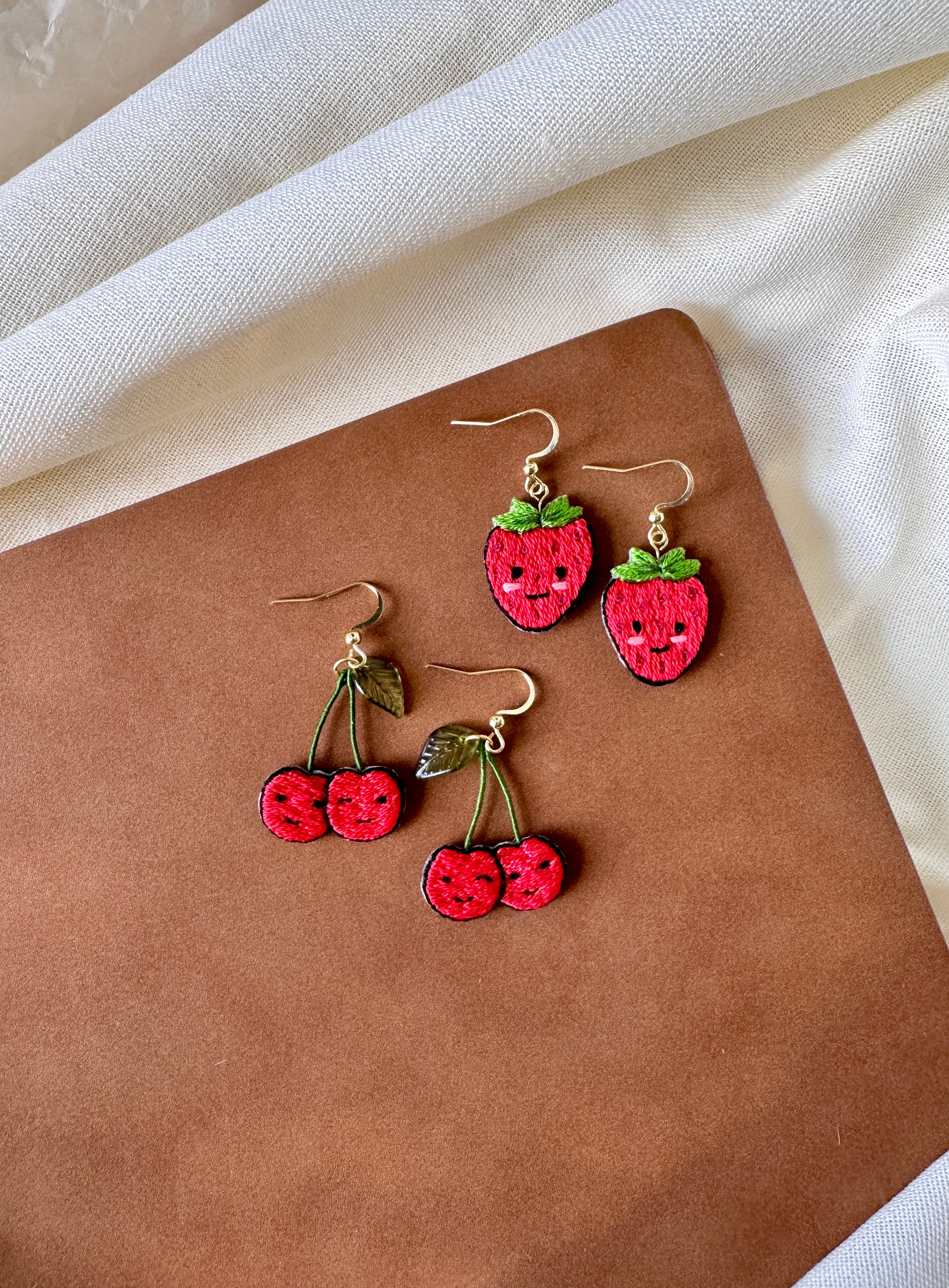 Cherries Hand Embroidered Earrings