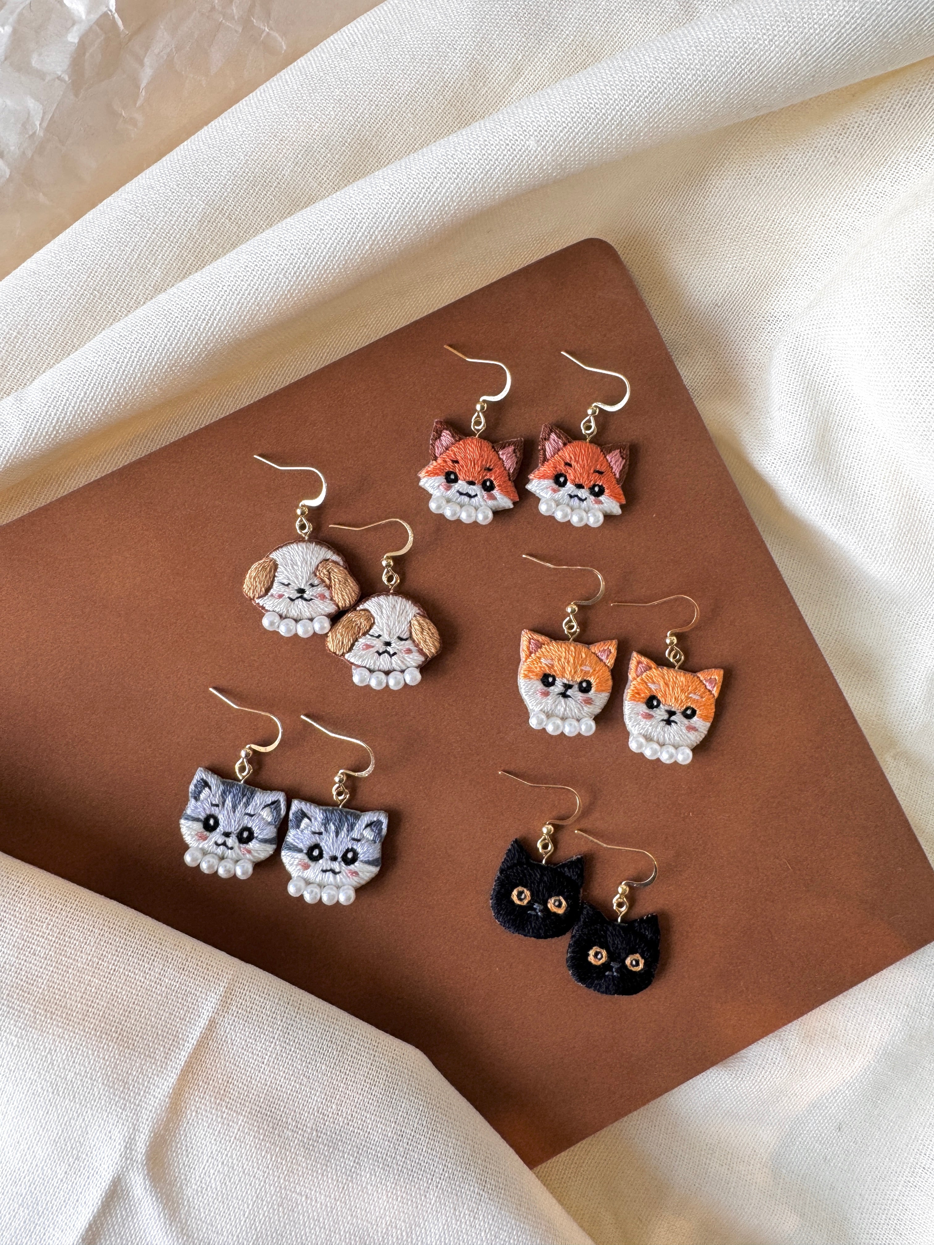 Floppy Ear Puppy Hand Embroidered Earrings