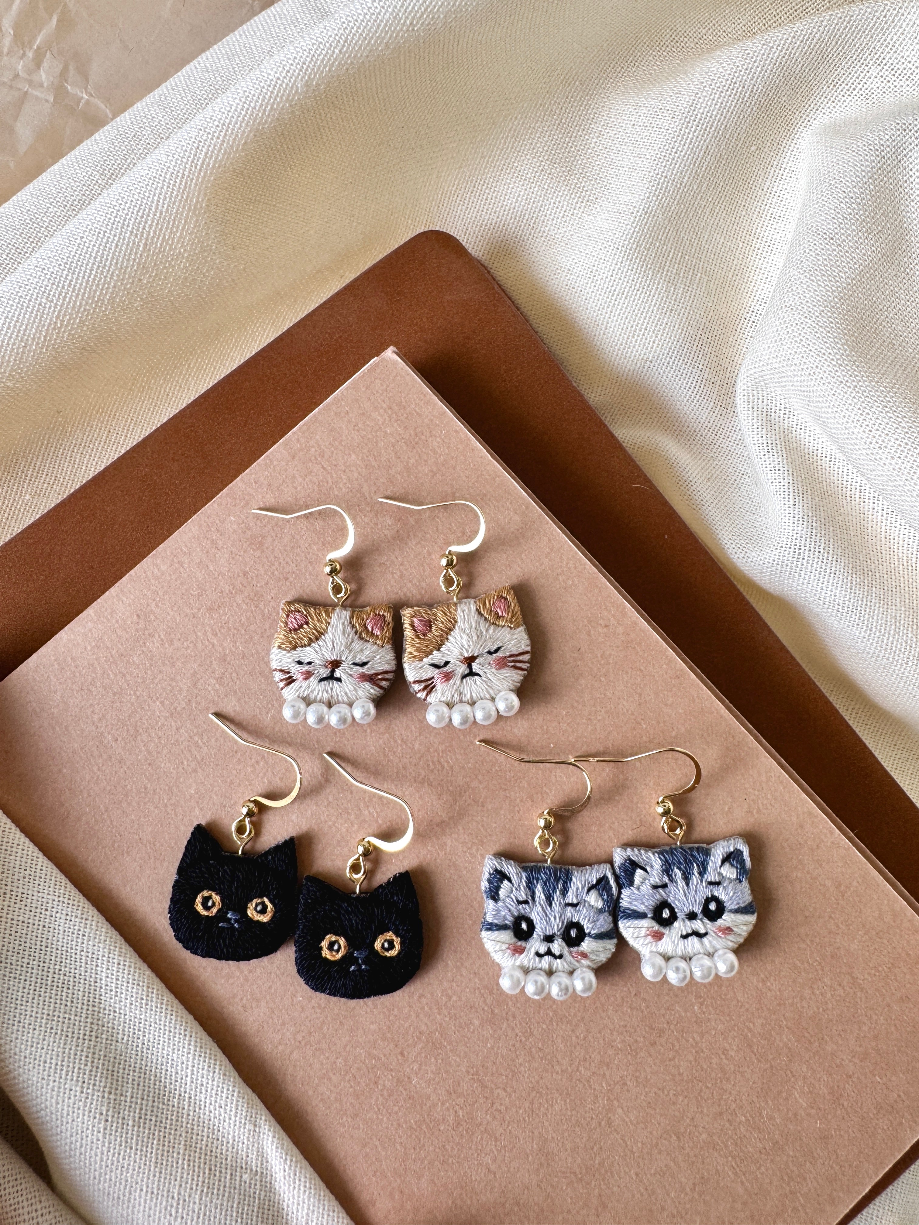 Sleeping Cat Hand Embroidered Earrings