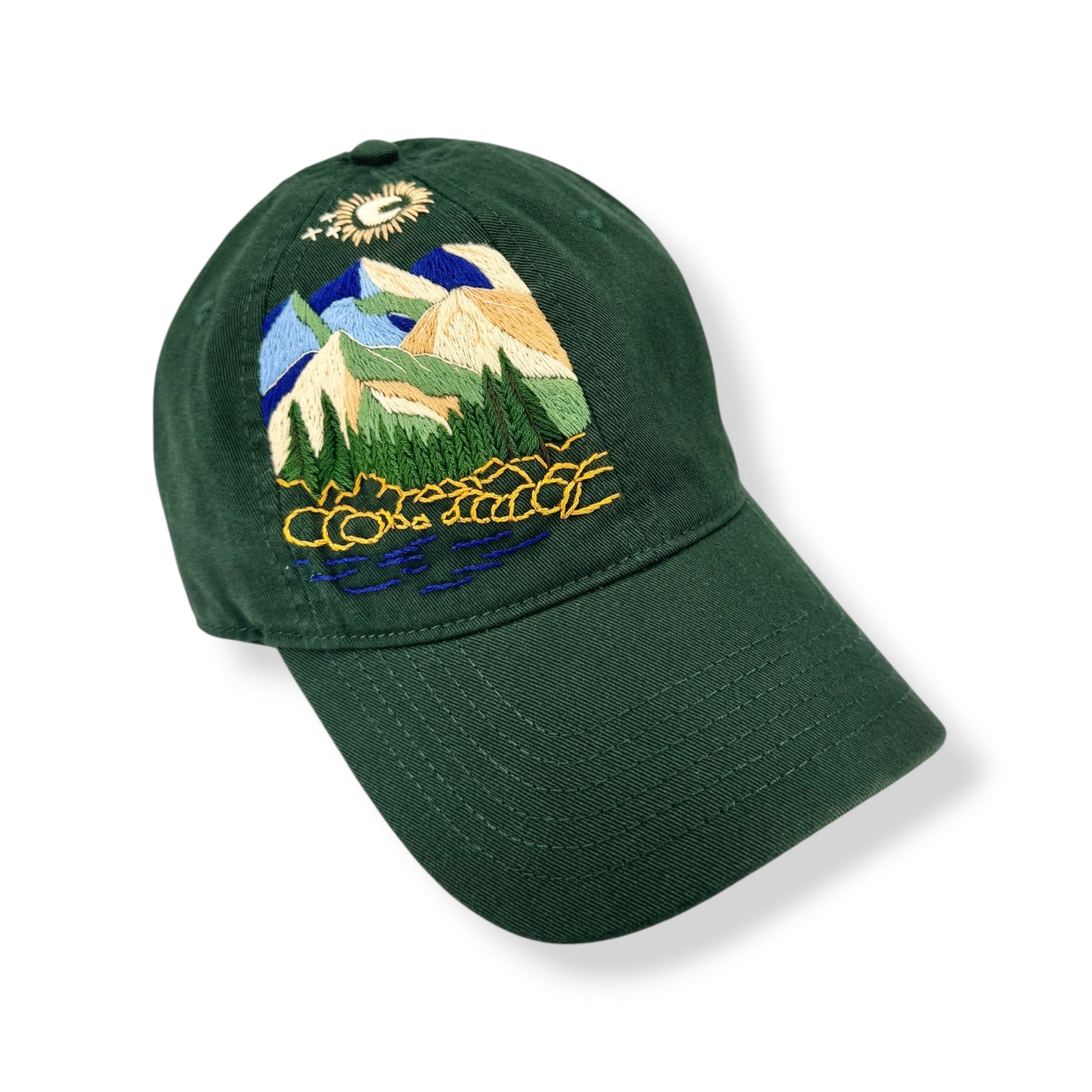 Mountain View Hand Embroidered Green Hat