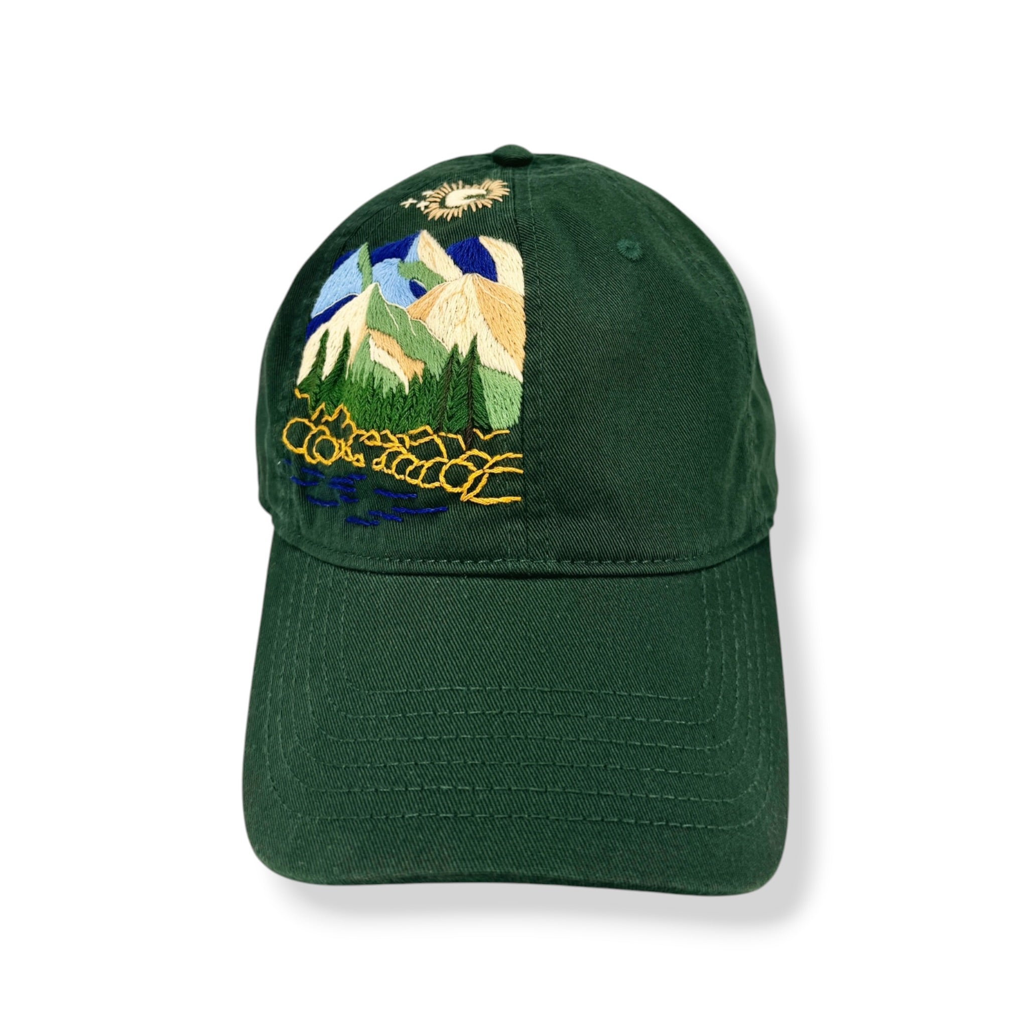 Mountain View Hand Embroidered Green Hat