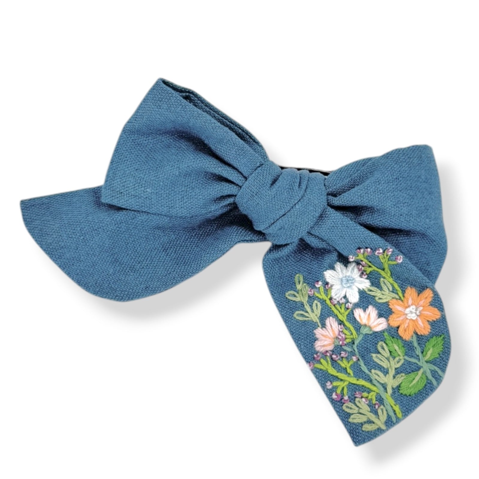 Ocean Sunset Hand-Embroidered Blue Bow