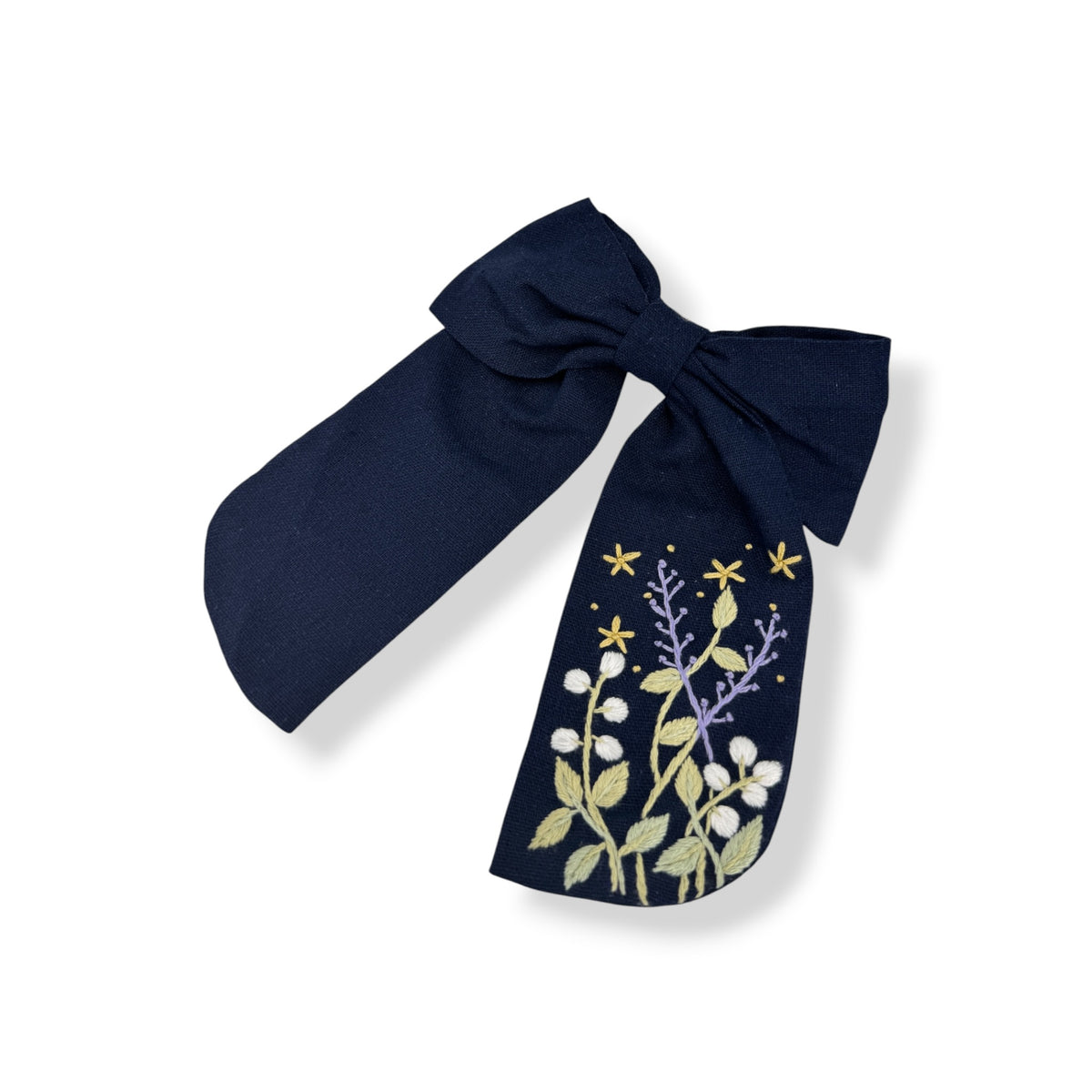 Snowy Meadow Embroidered Navy Hair Bow