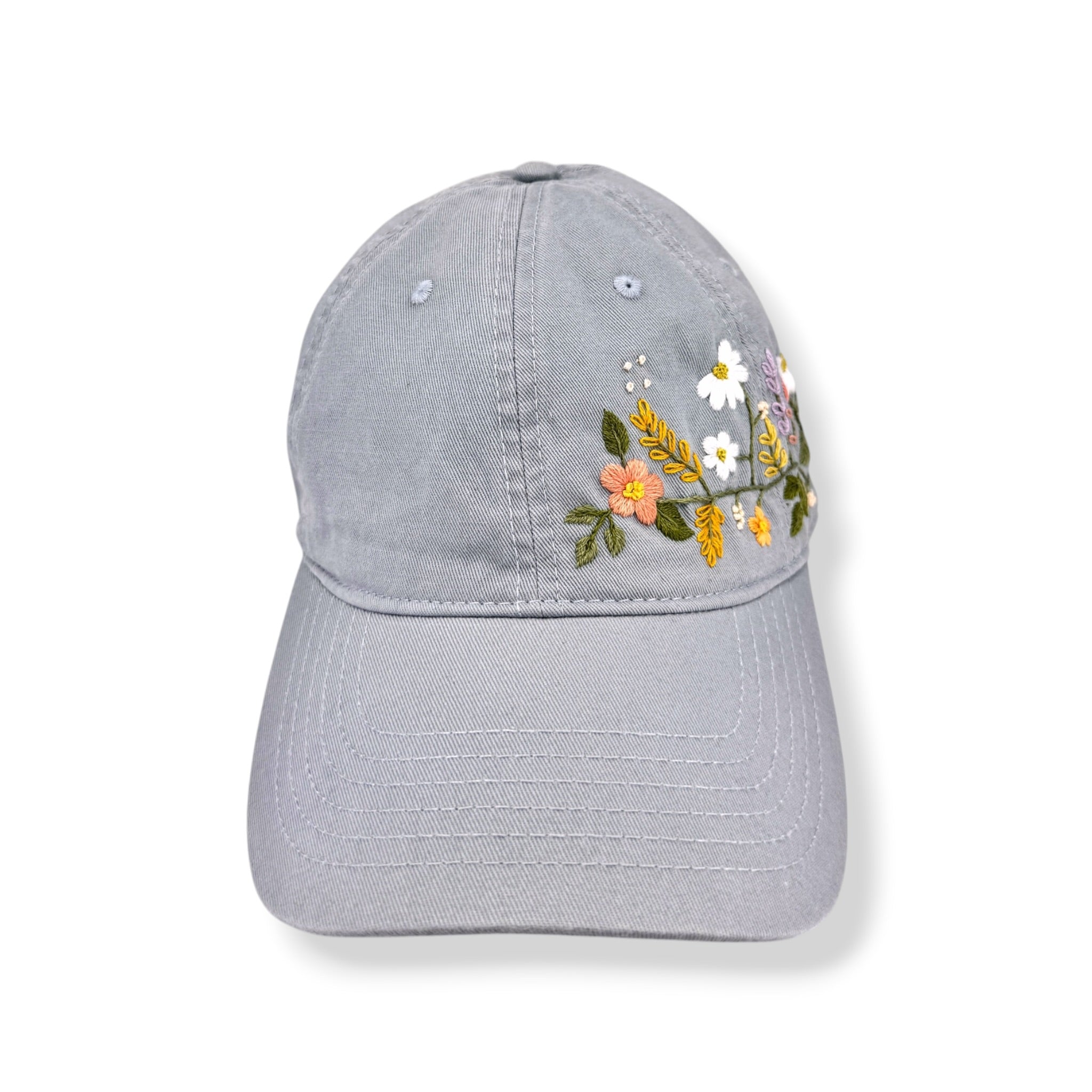 Wildflower Garden Embroidered Blue Grey Cap