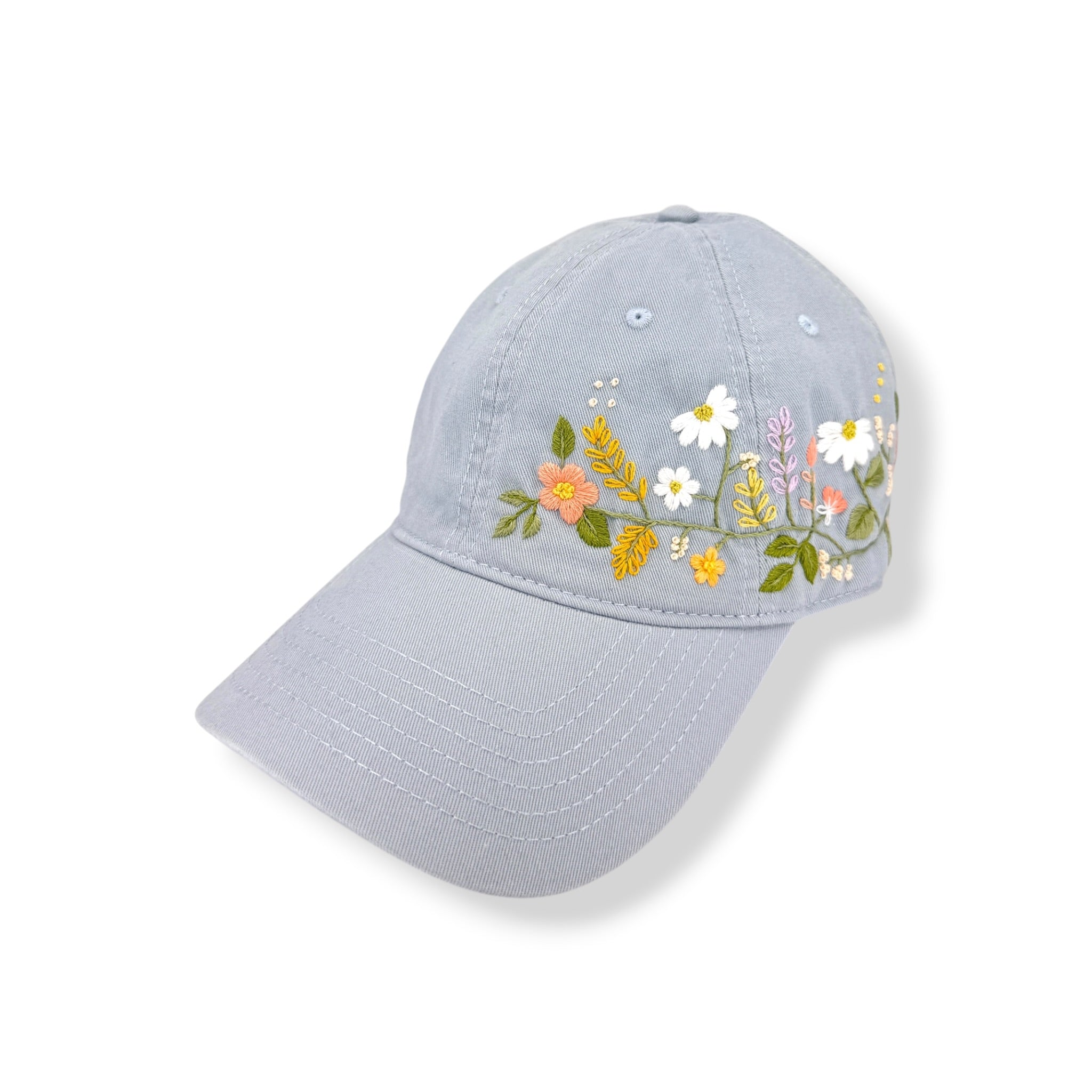 Wildflower Garden Embroidered Blue Grey Cap