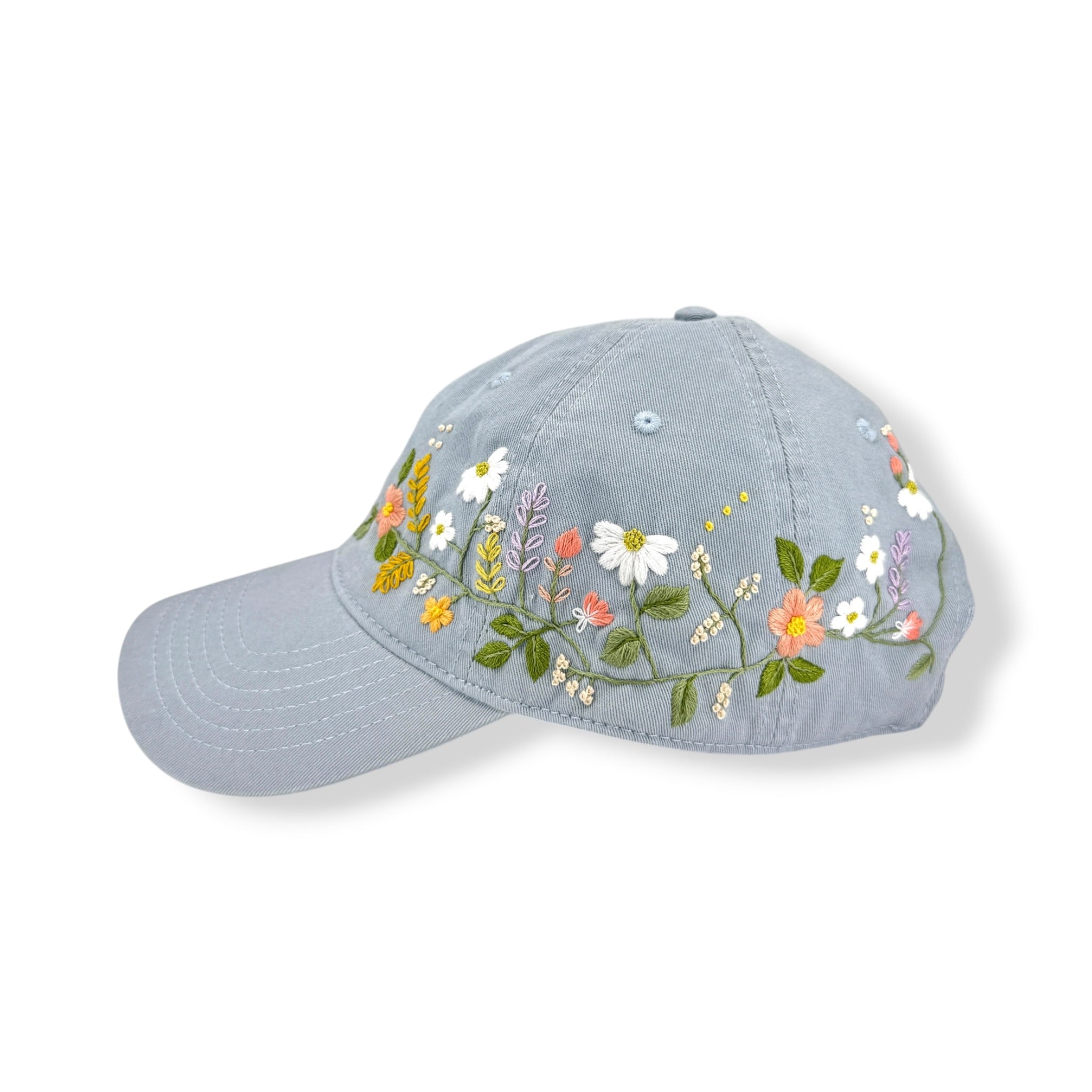 Wildflower Garden Embroidered Blue Grey Cap
