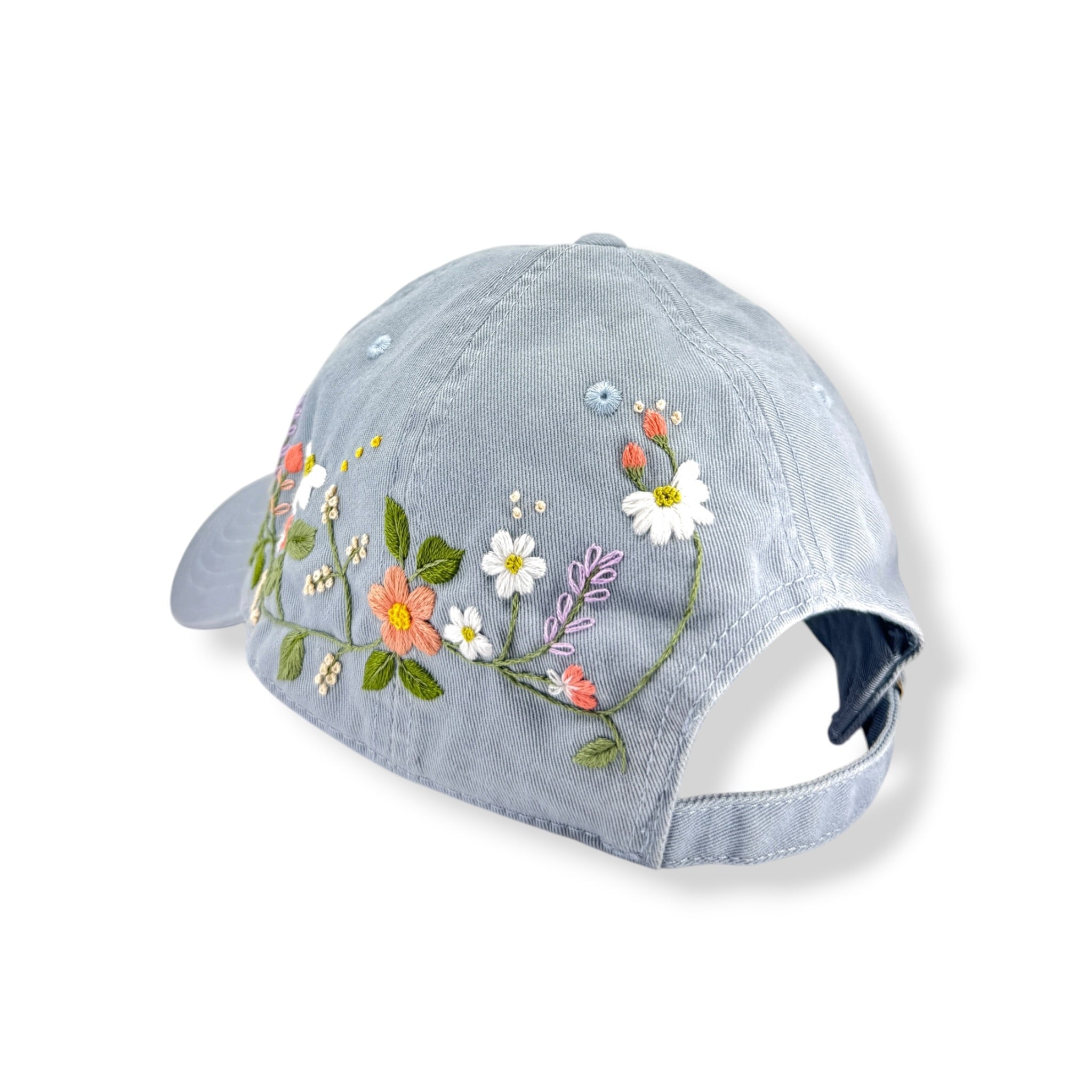 Wildflower Garden Embroidered Blue Grey Cap