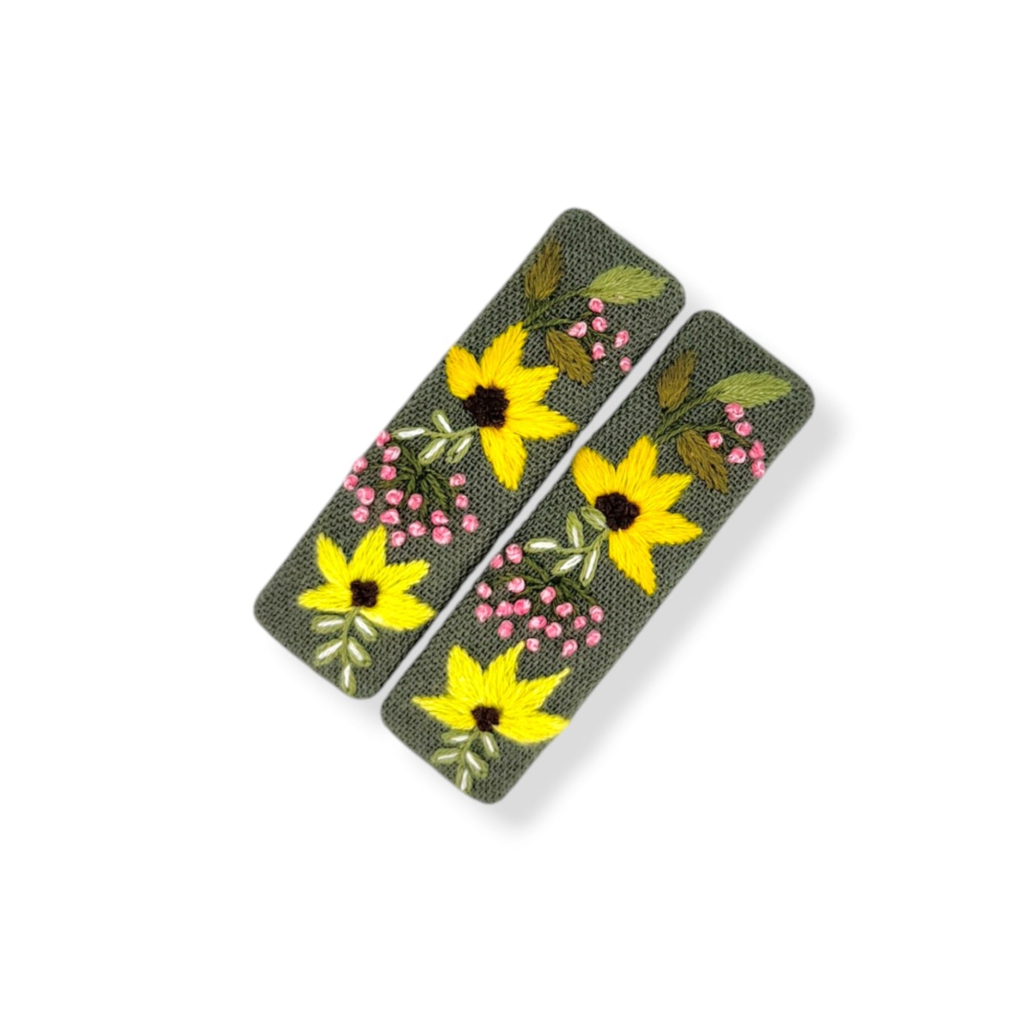 Yellow Daisy Olive Green Embroidered Hair Clips