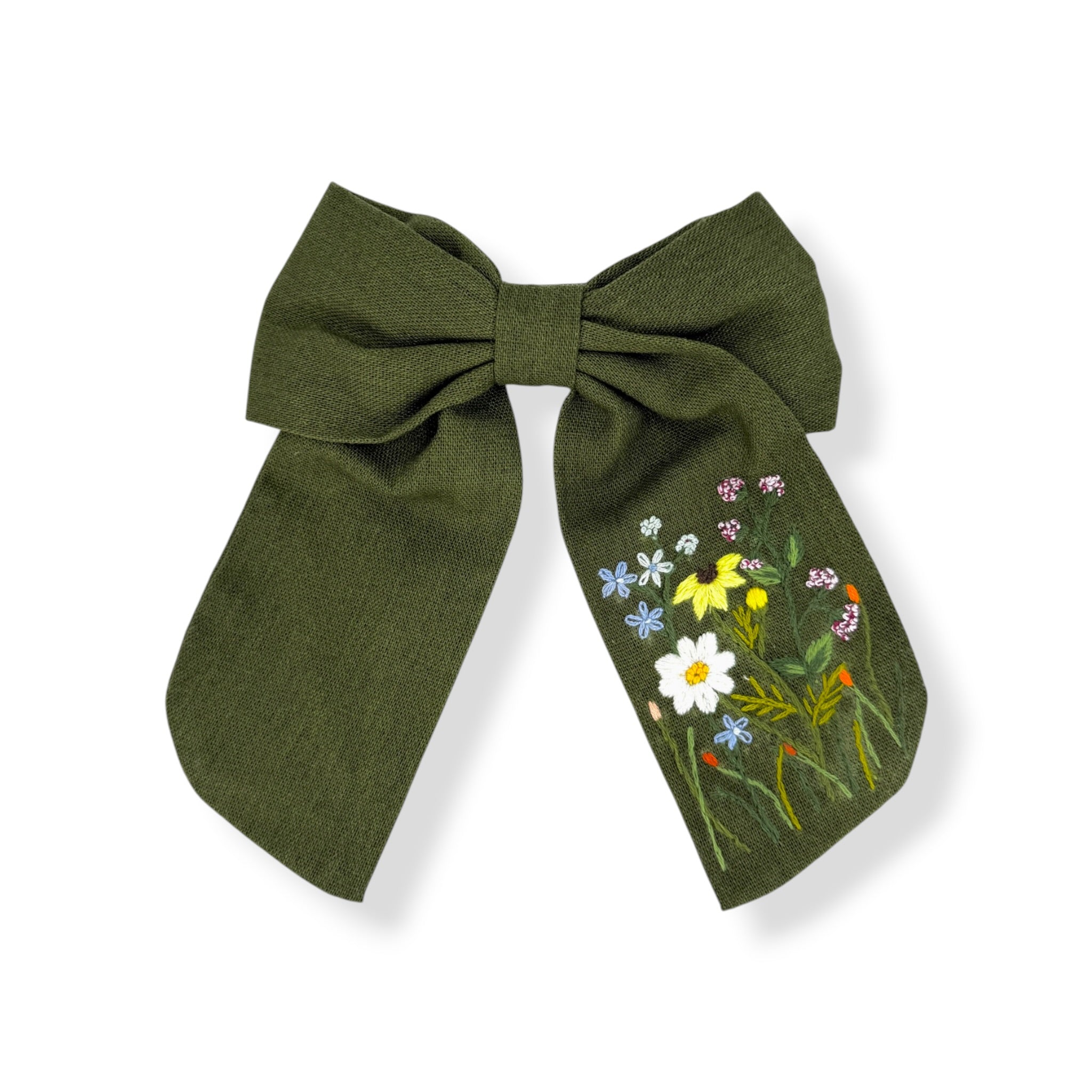 Yellow Daisy Olive Green Embroidered Hair Barrette