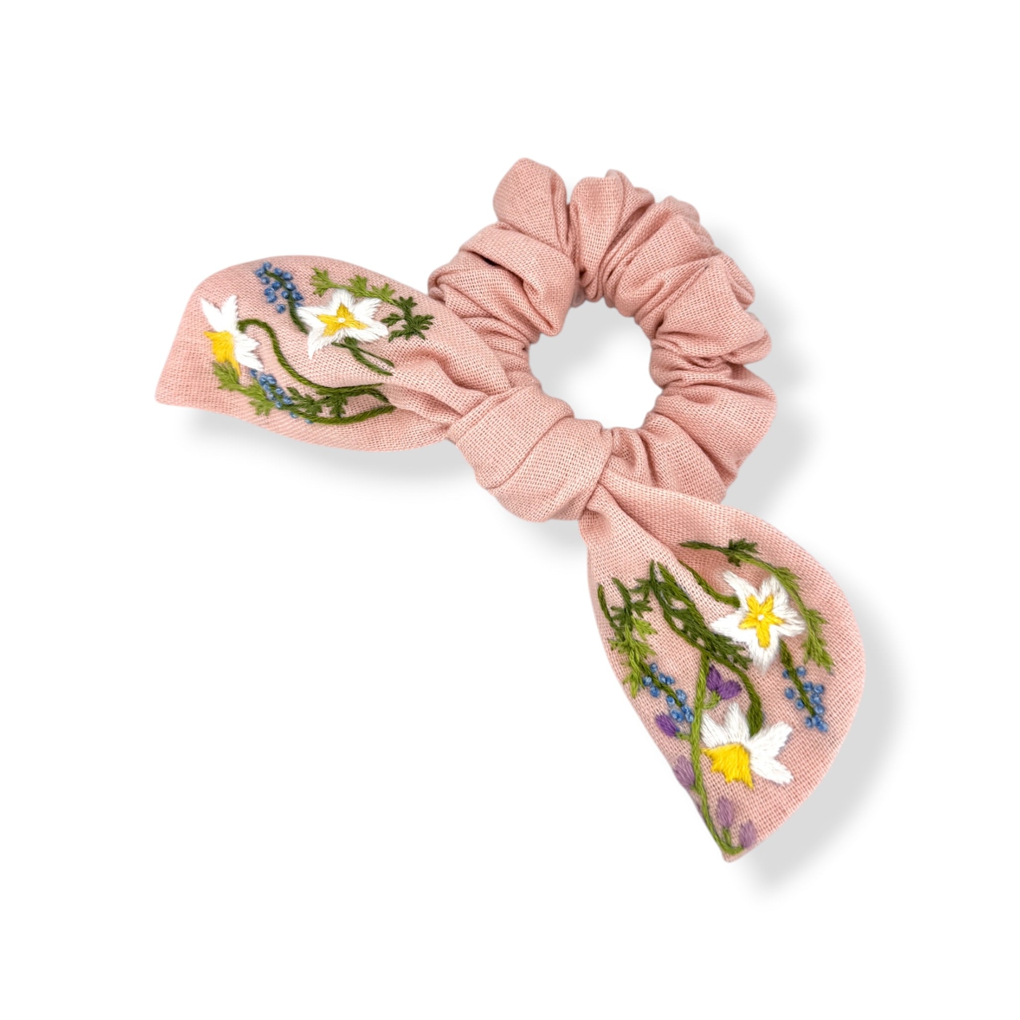 Wildflower Embroidered Dusty Pink Bow Scrunchies