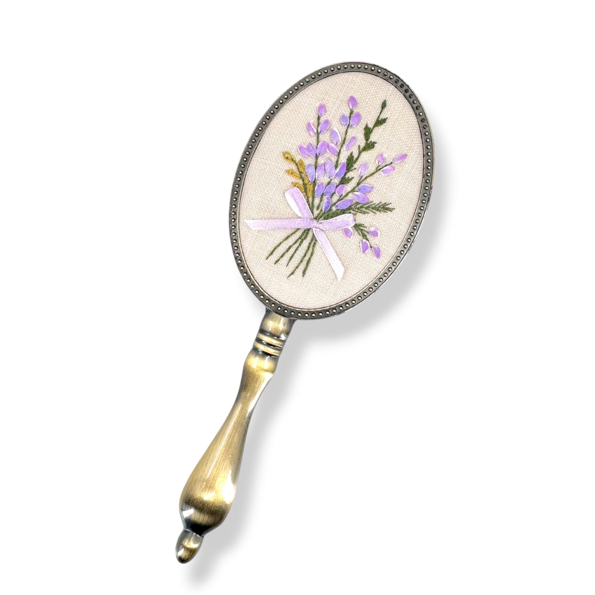 Lavender bouquet hand embroidered handheld mirror
