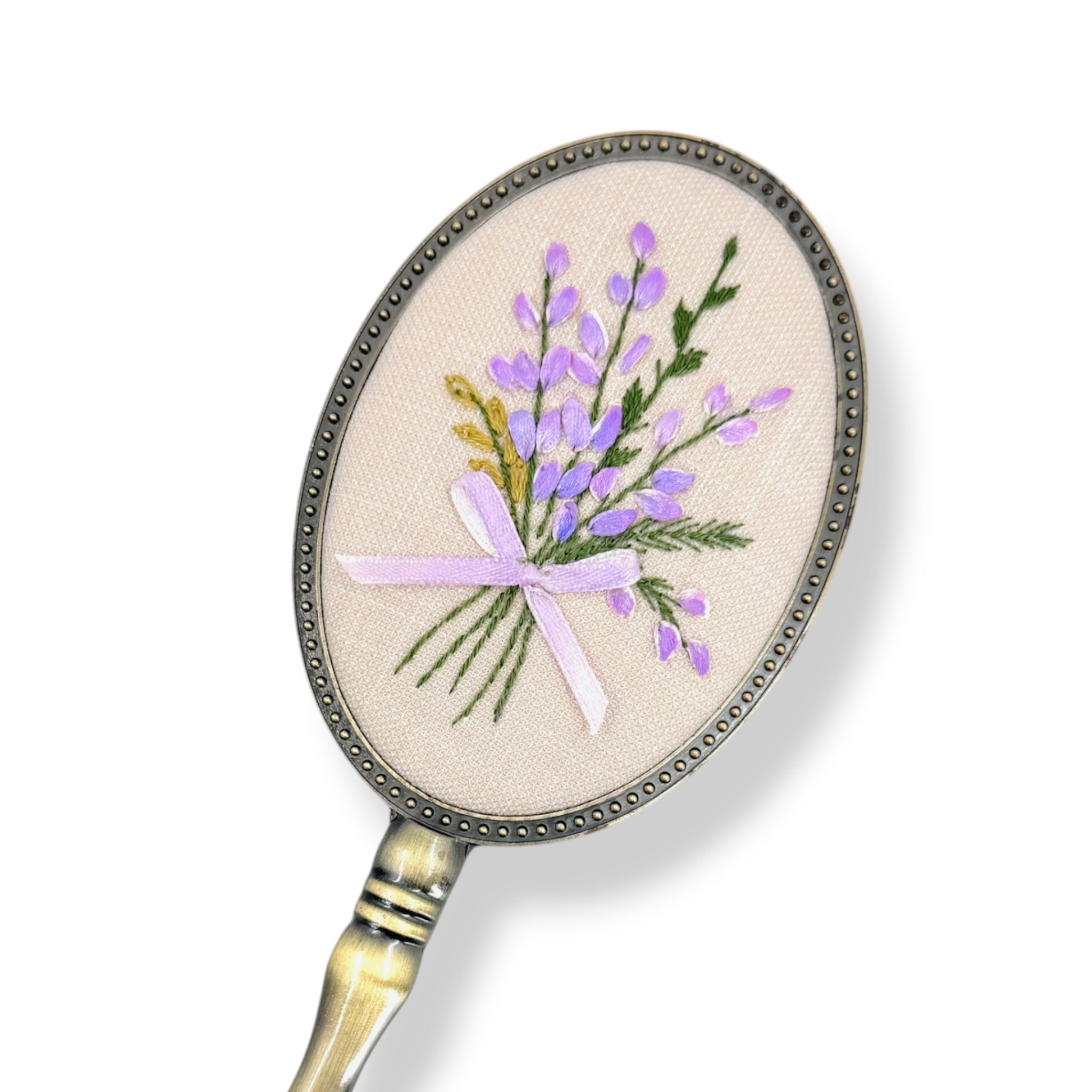 Lavender bouquet hand embroidered handheld mirror