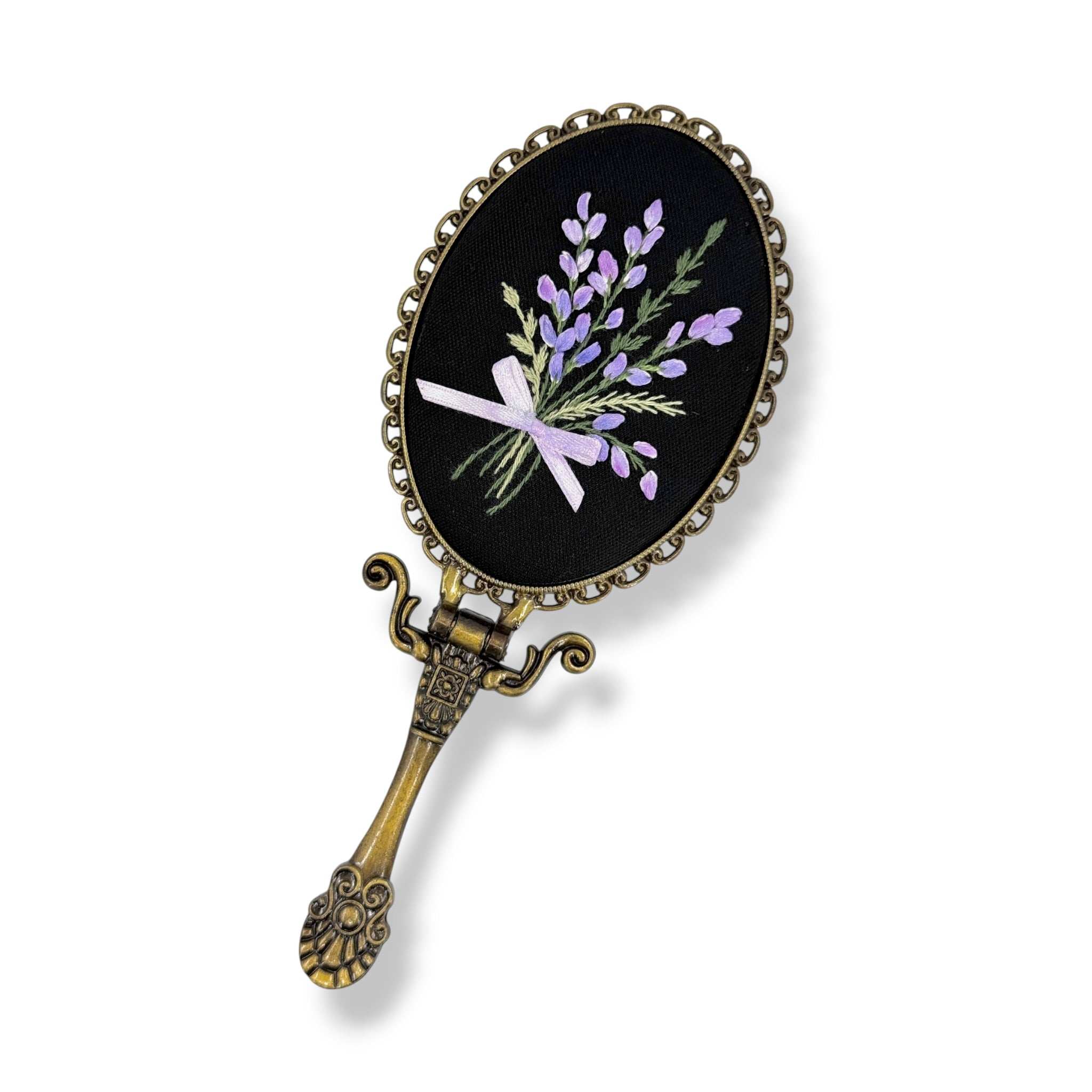 Midnight Lavender Bouquet Hand Embroidered Handheld Mirror