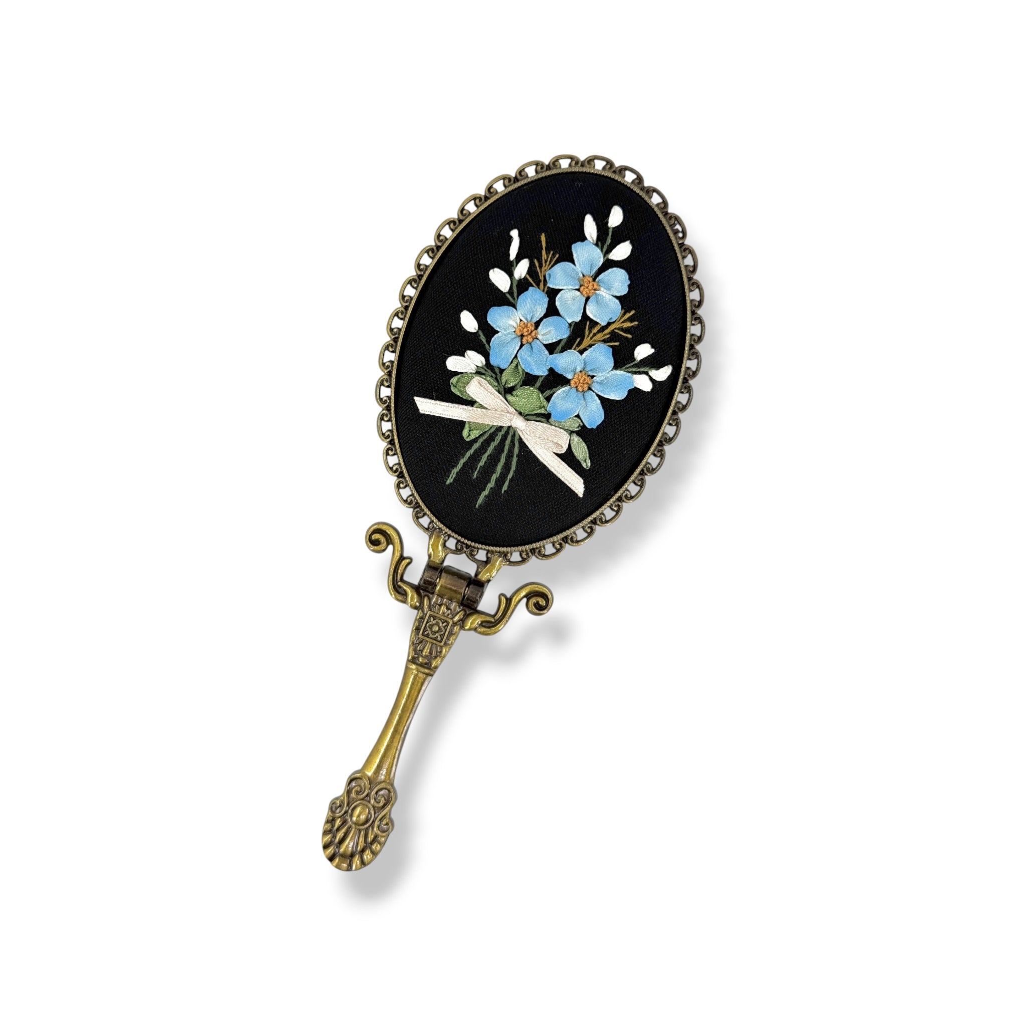 Blue Forget Me Not Hand Embroidered Handheld Mirror