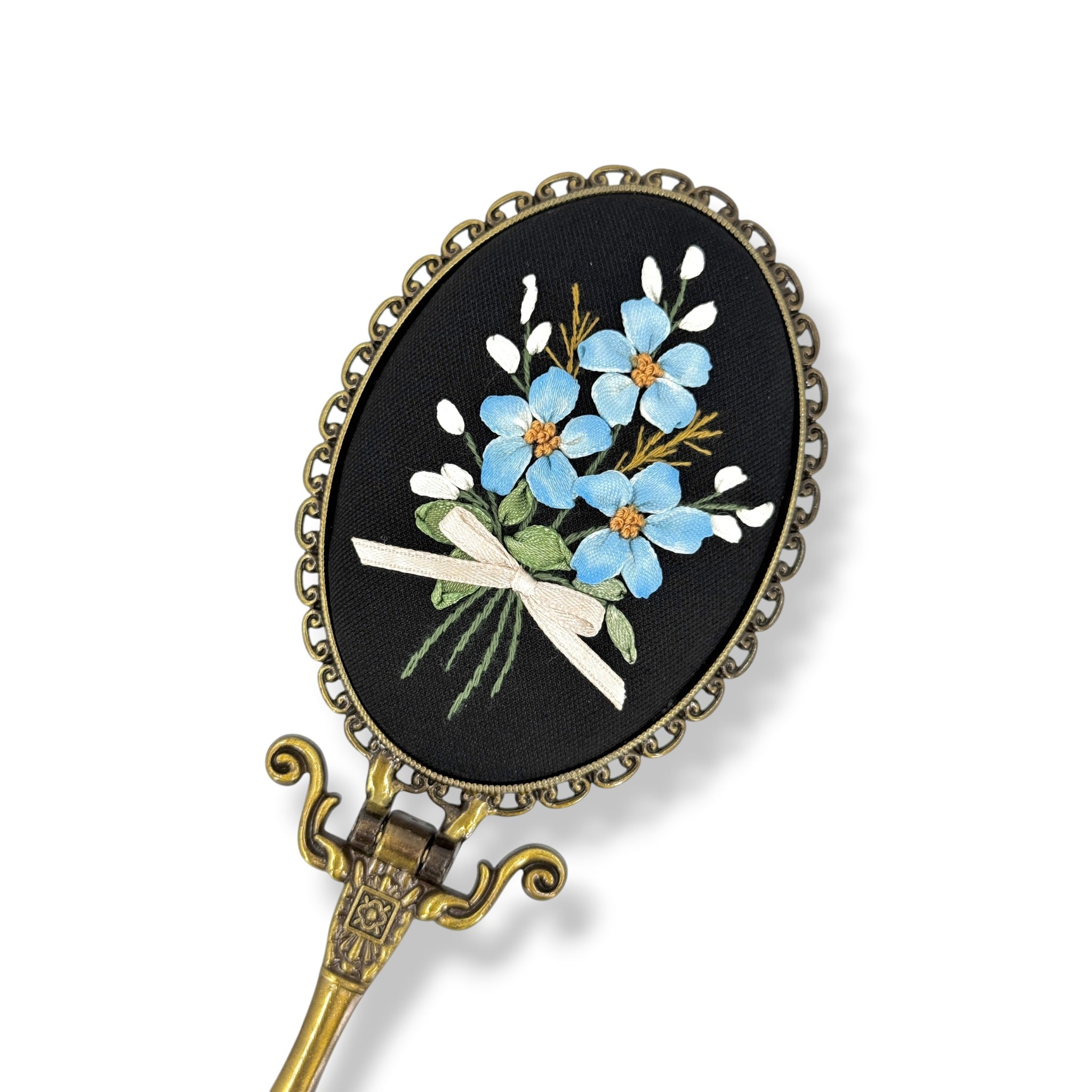 Blue Forget Me Not Hand Embroidered Handheld Mirror
