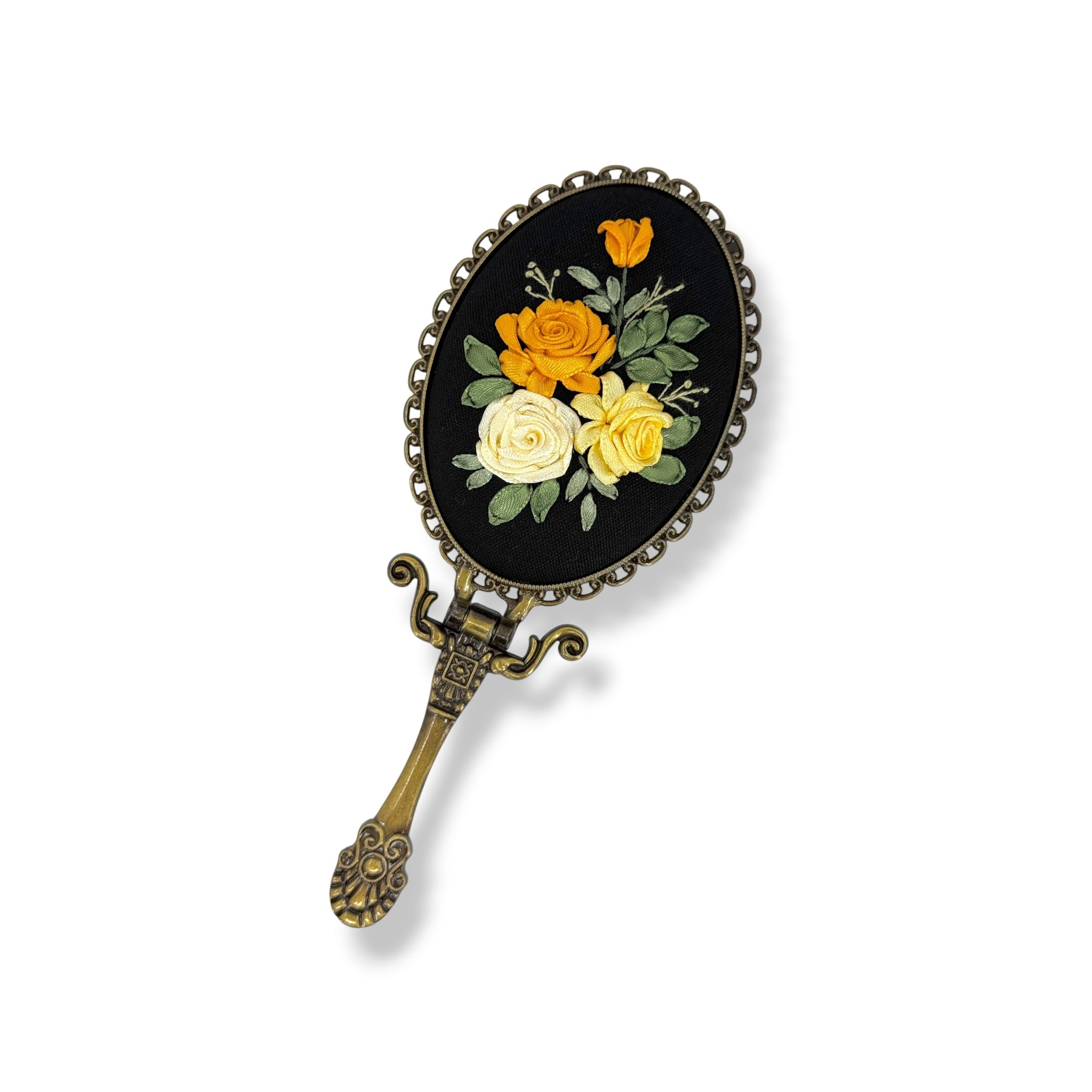 Golden Roses Hand Embroidered Handheld Mirror
