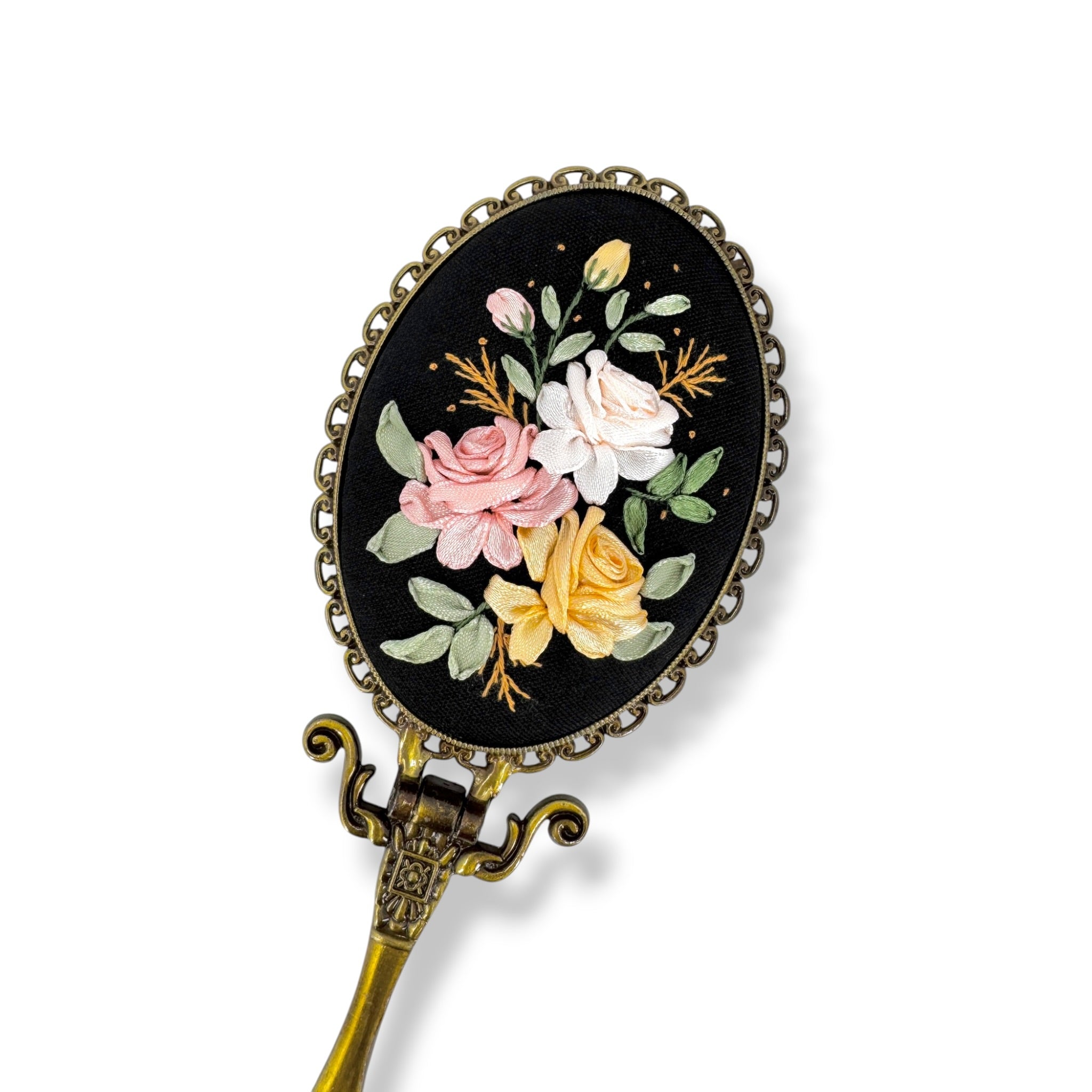Pastel Roses Hand Embroidered Handheld Mirror