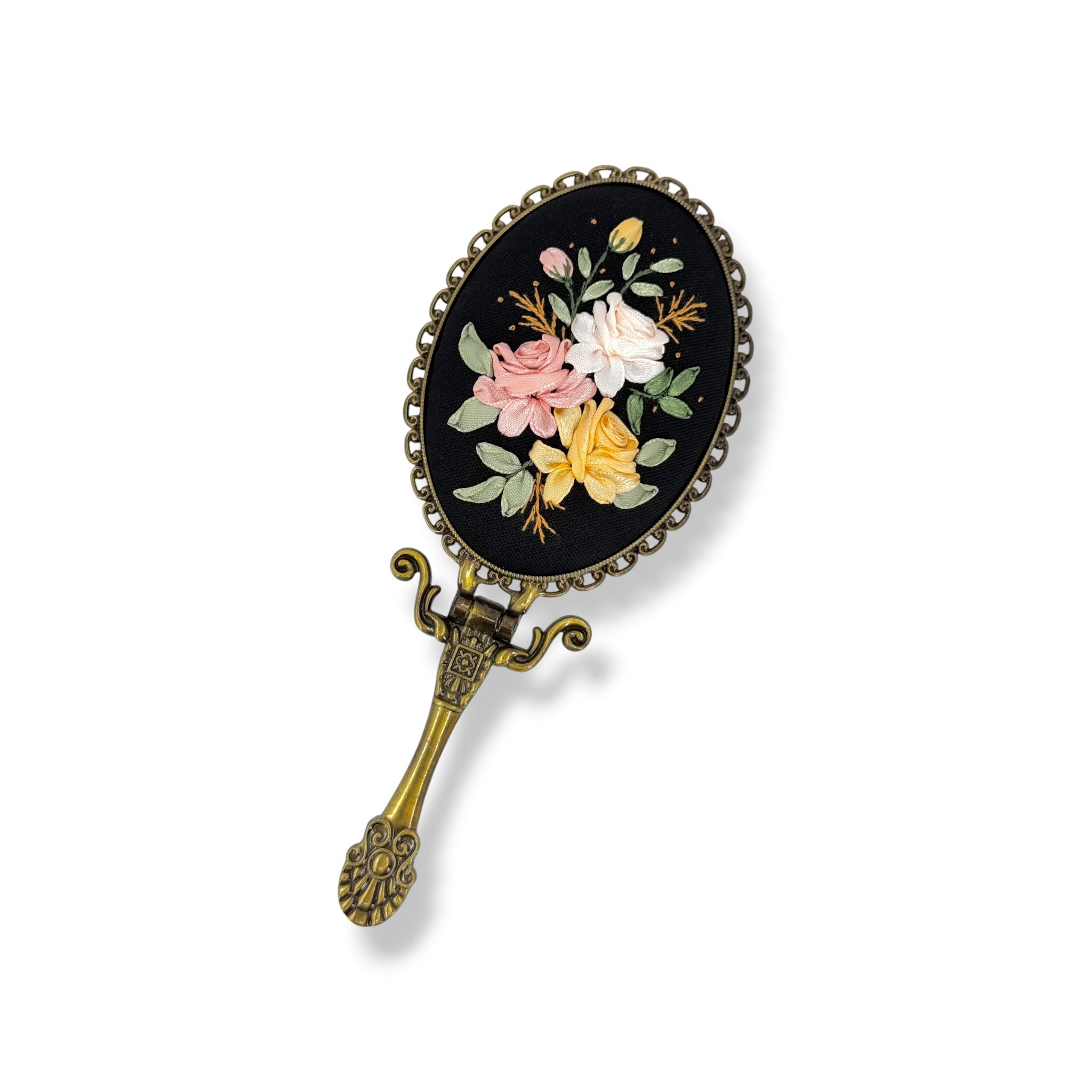 Pastel Roses Hand Embroidered Handheld Mirror