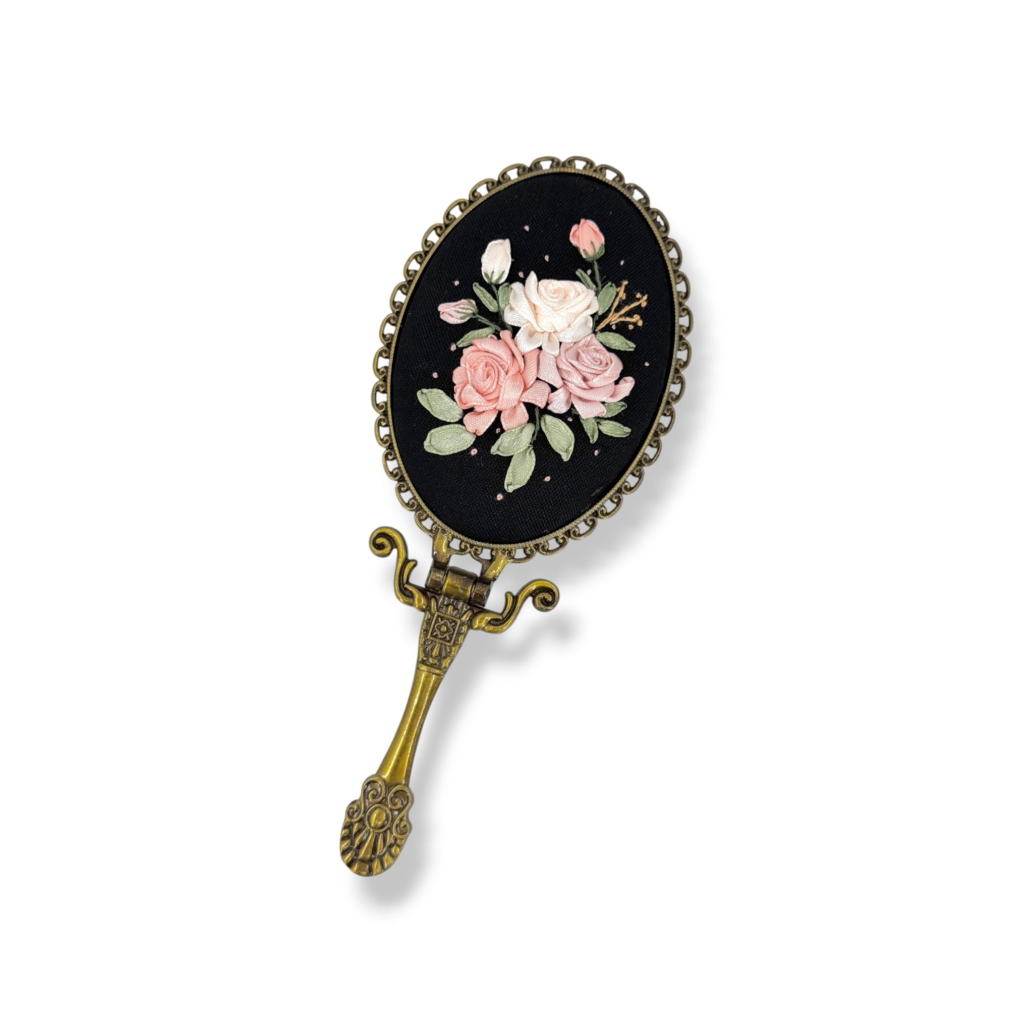 Blush Roses Hand Embroidered Handheld Mirror