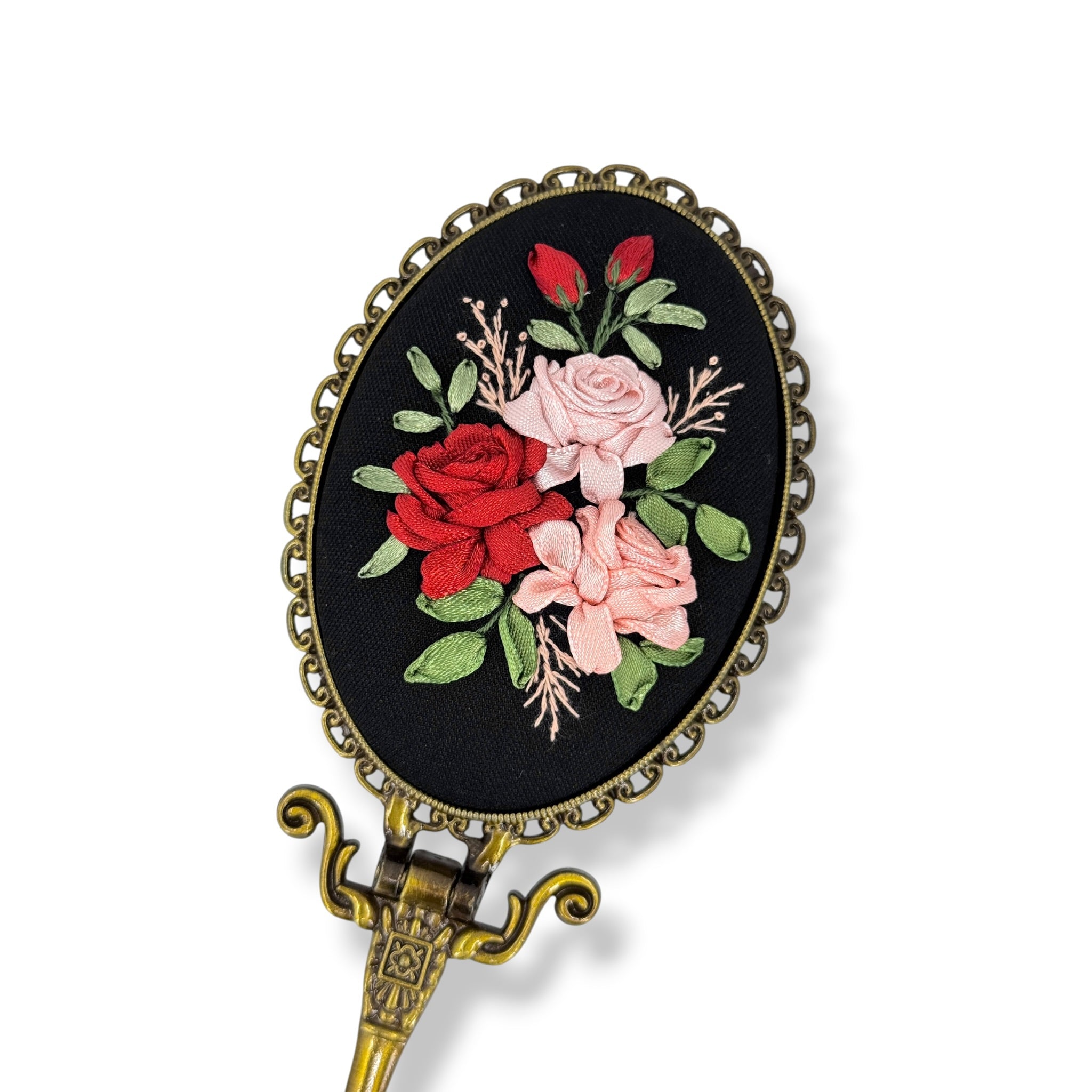 Crimson Blush Rose Embroidered Handheld Mirror