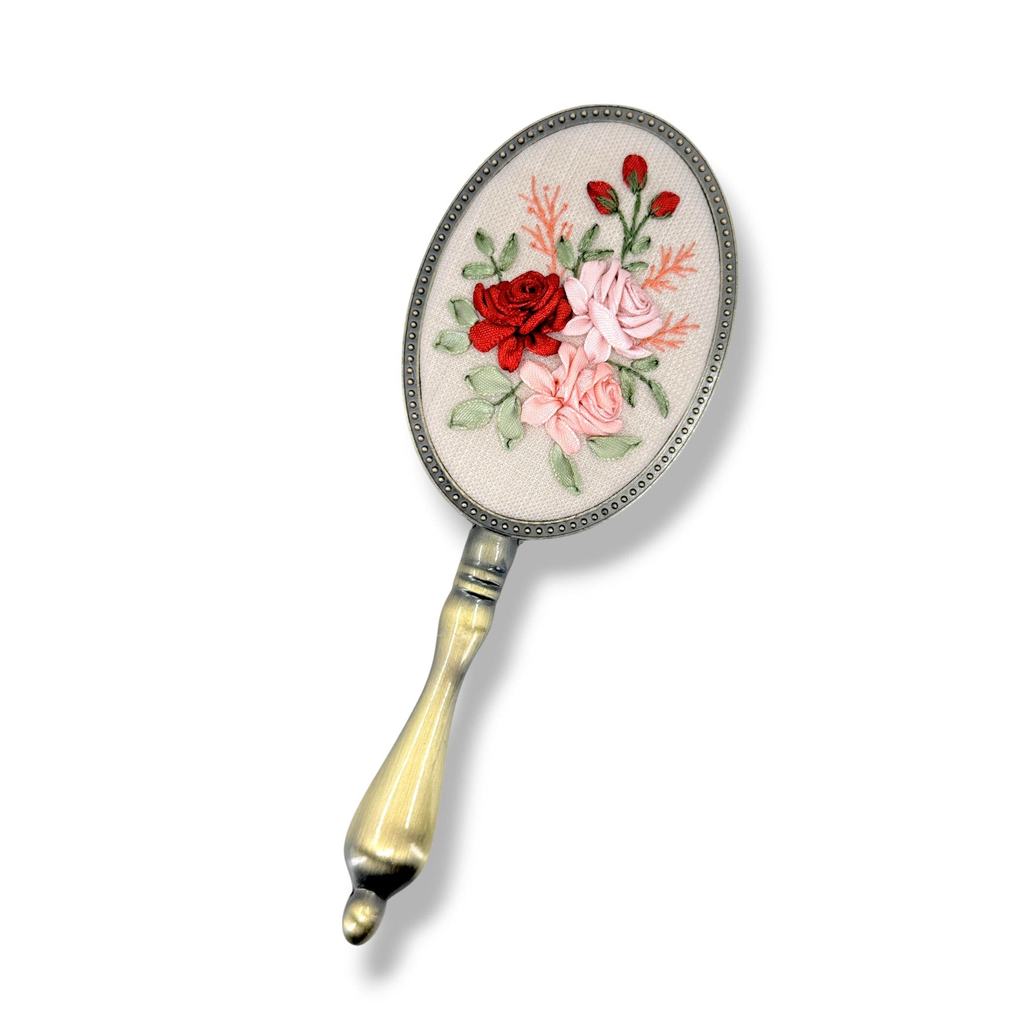Crimson Blush Roses Beige Handheld Mirror