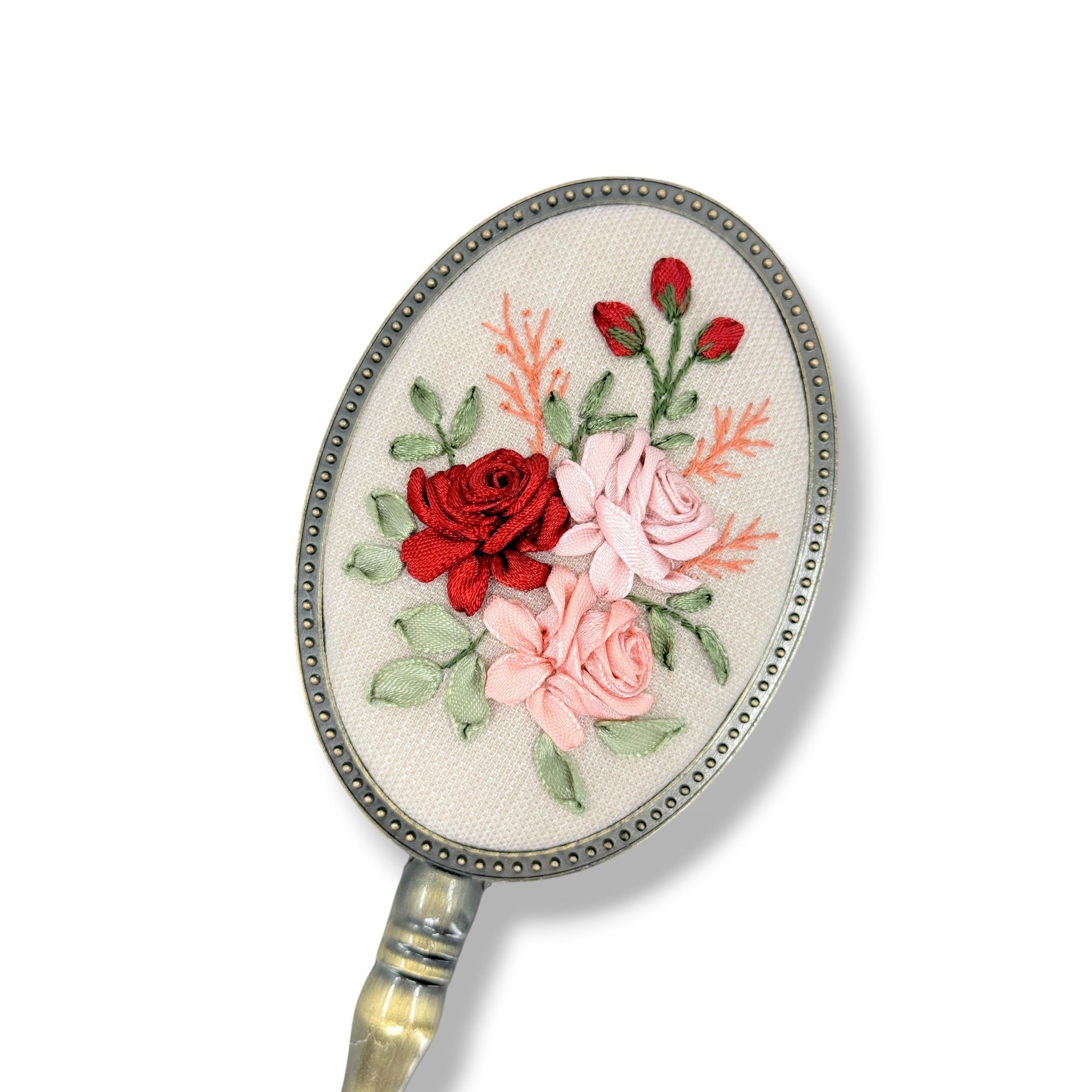 Crimson Blush Roses Beige Handheld Mirror