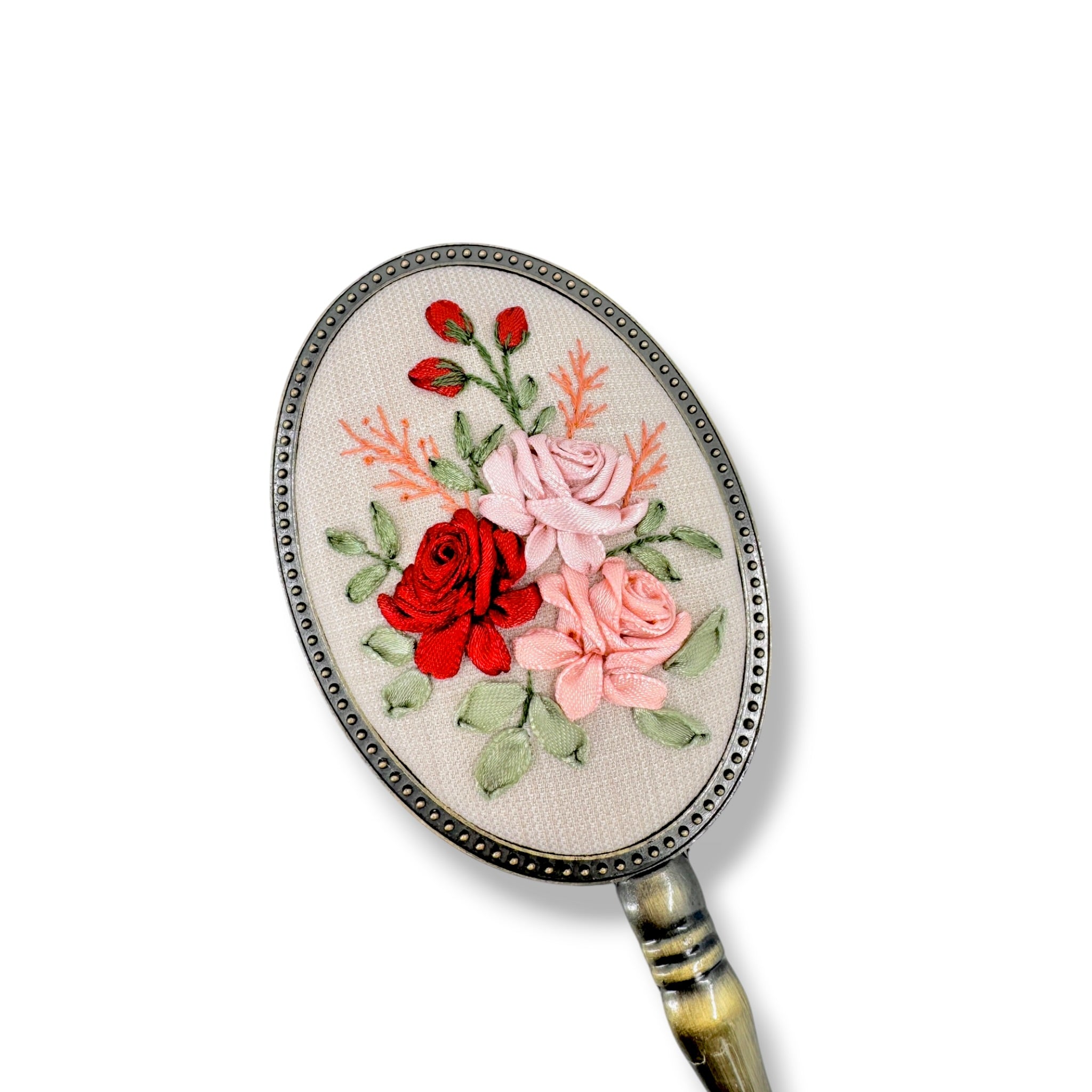 Crimson Blush Roses Beige Handheld Mirror