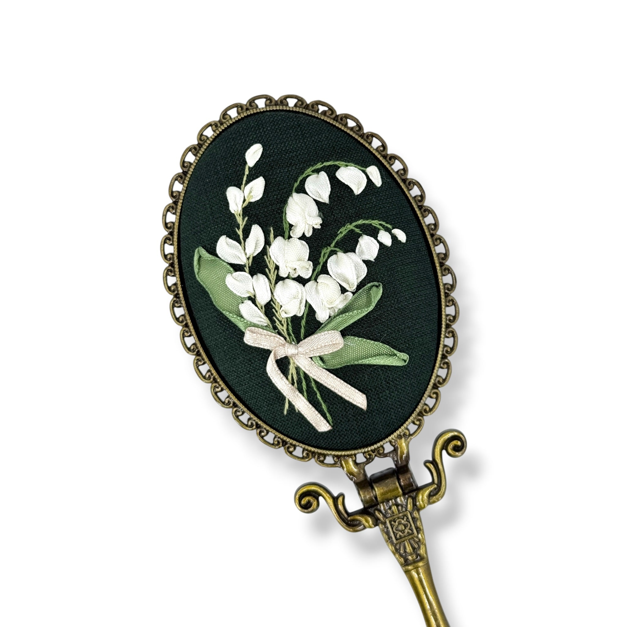 Lily of The Valley Green Embroidered Handheld Mirror