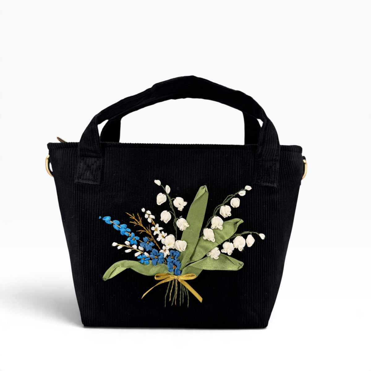 Lily of the Valley Bouquet Embroidery Black Velvet Handbag