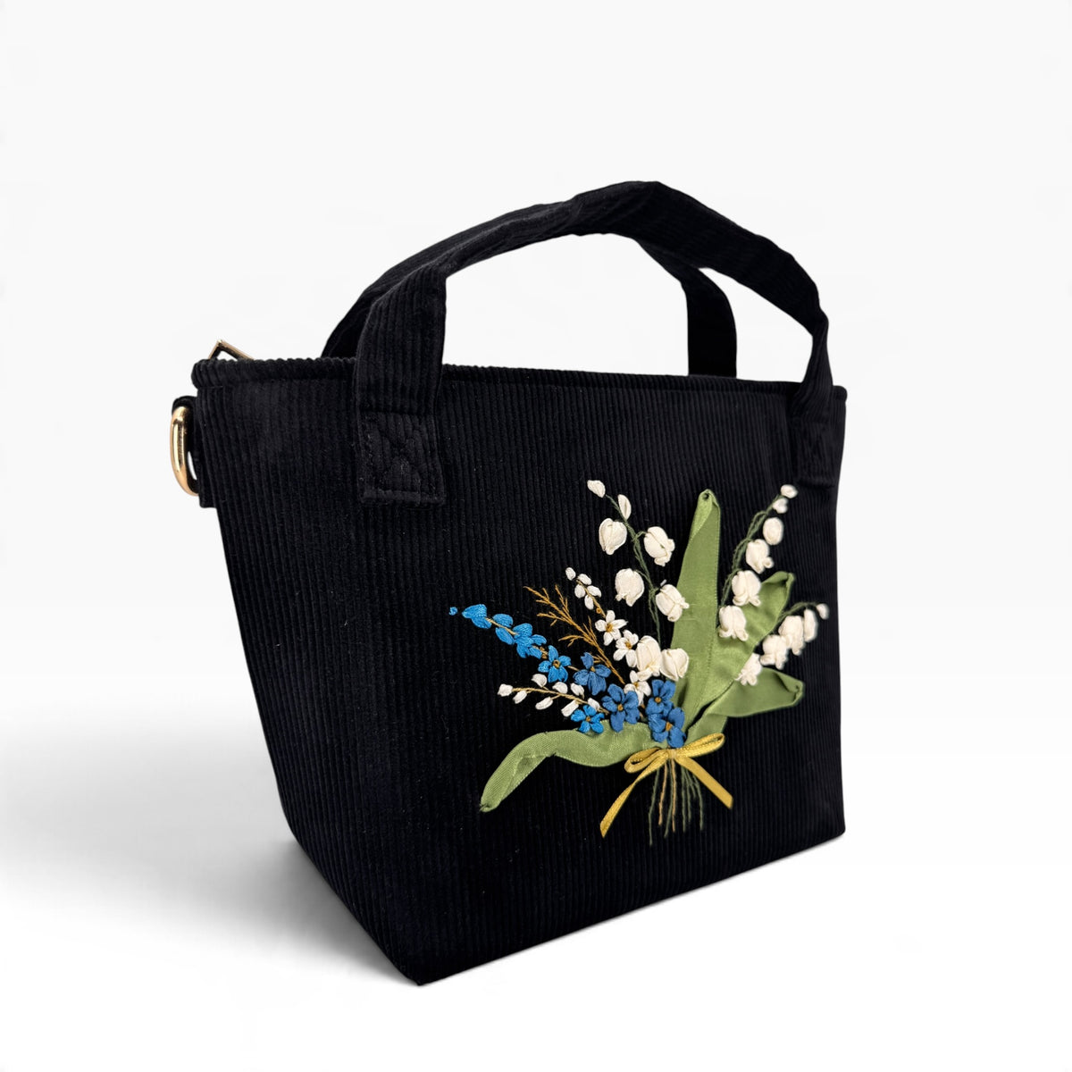 Lily of the Valley Bouquet Embroidery Black Velvet Handbag