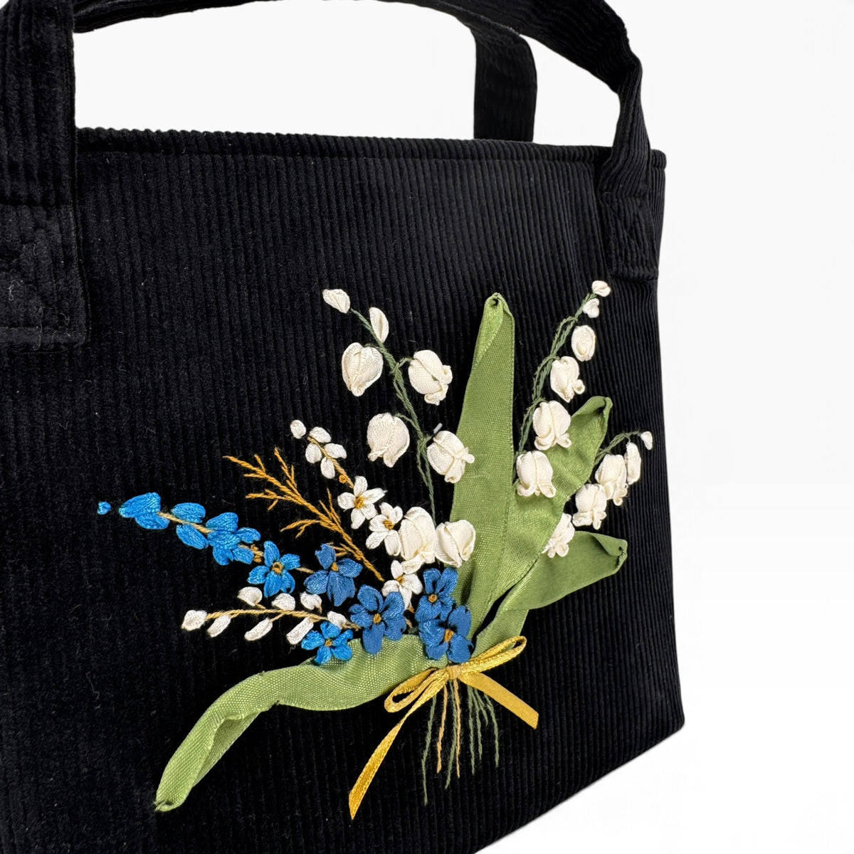 Lily of the Valley Bouquet Embroidery Black Velvet Handbag