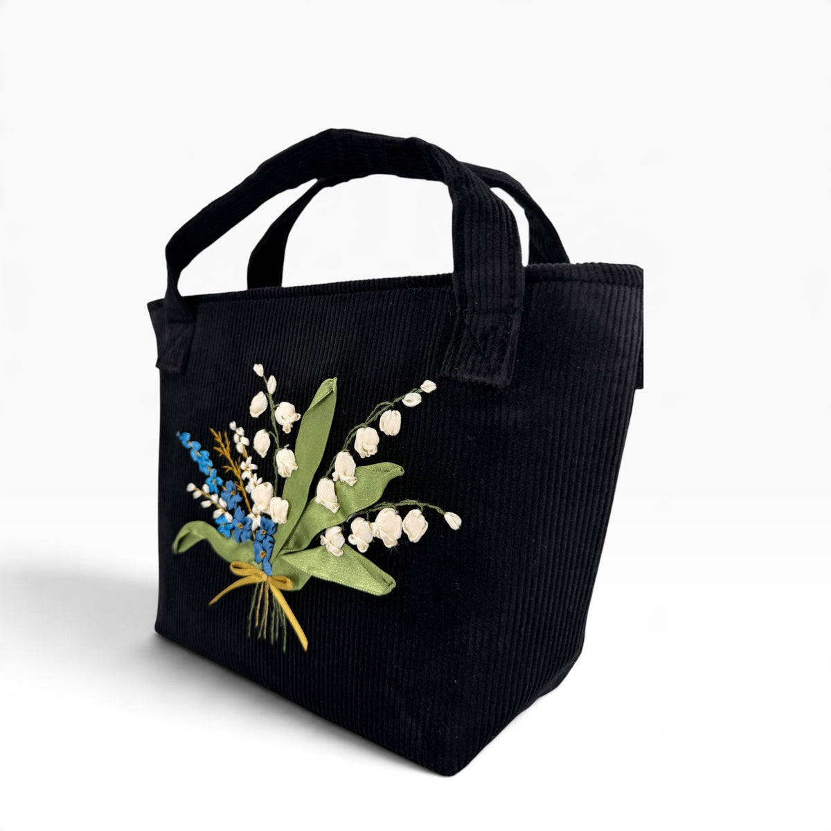 Lily of the Valley Bouquet Embroidery Black Velvet Handbag