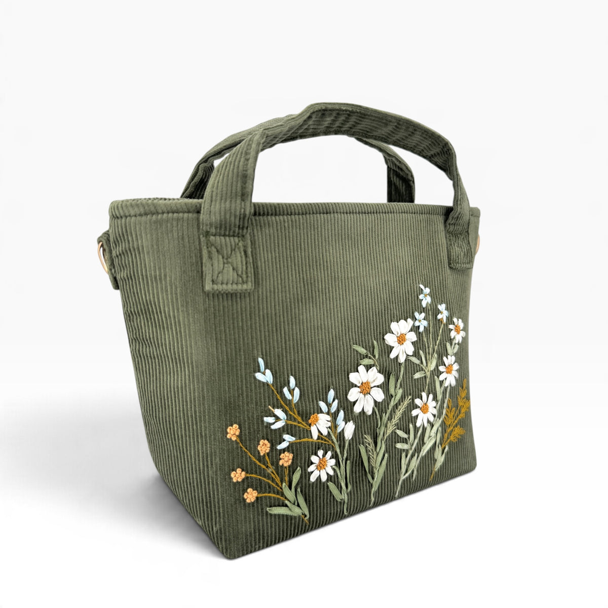 Daisy Wildflowers Ribbon Embroidery Olive Green Velvet Handbag