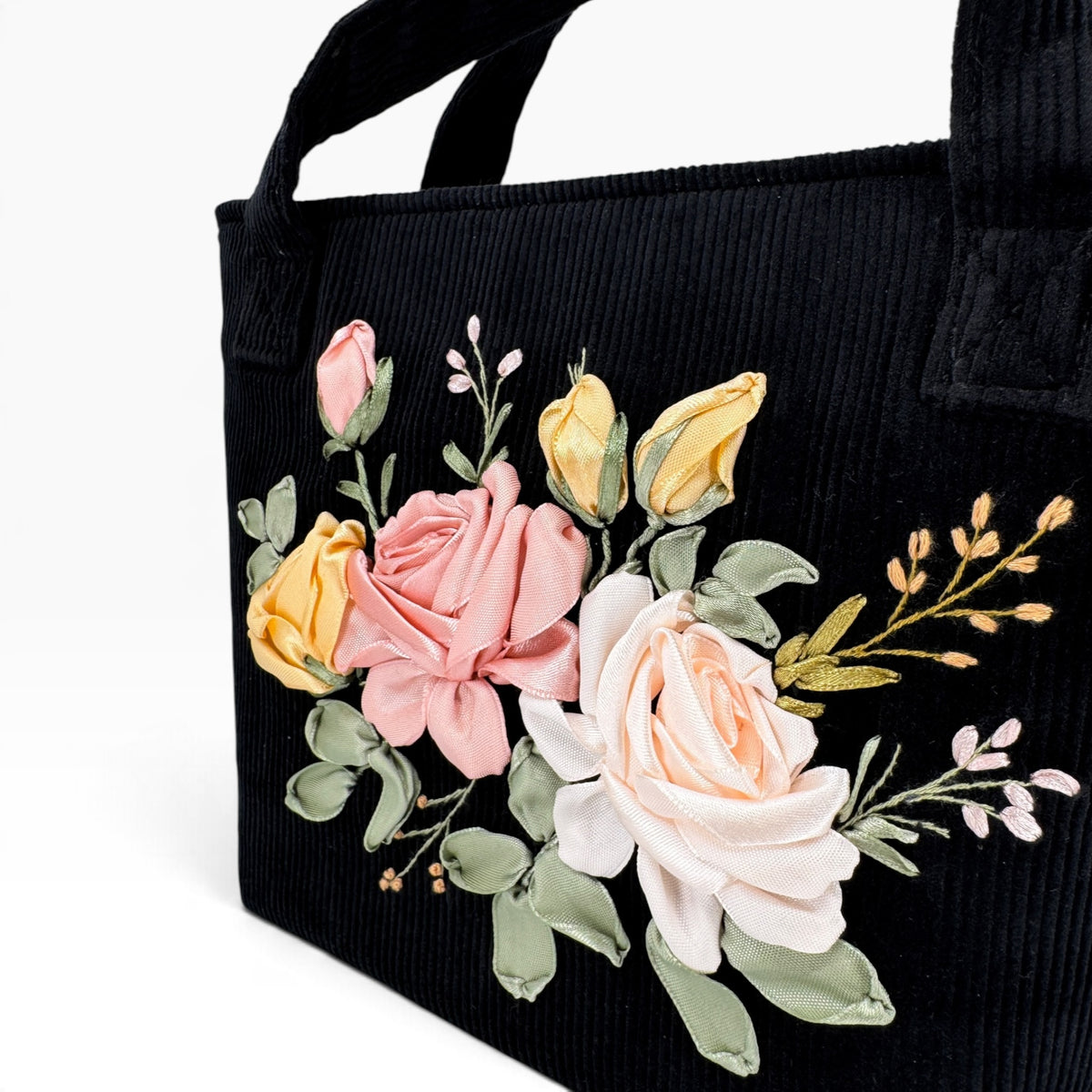 Blush Roses Ribbon Embroidery Velvet Handbag