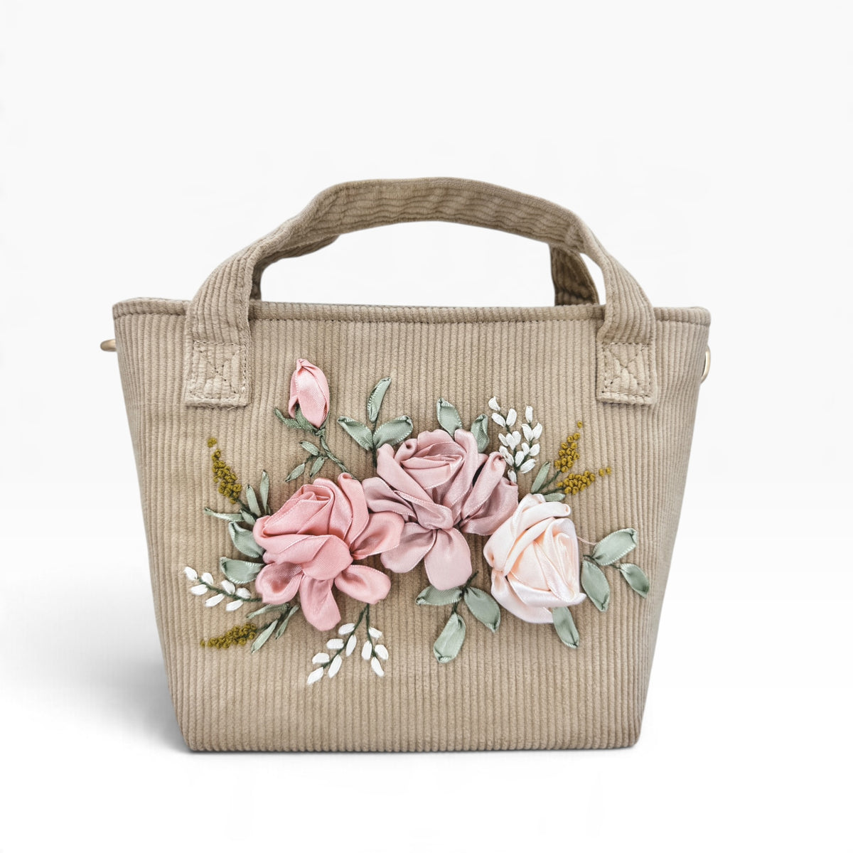Pastel Roses Ribbon Embroidery Beige Velvet Handbag