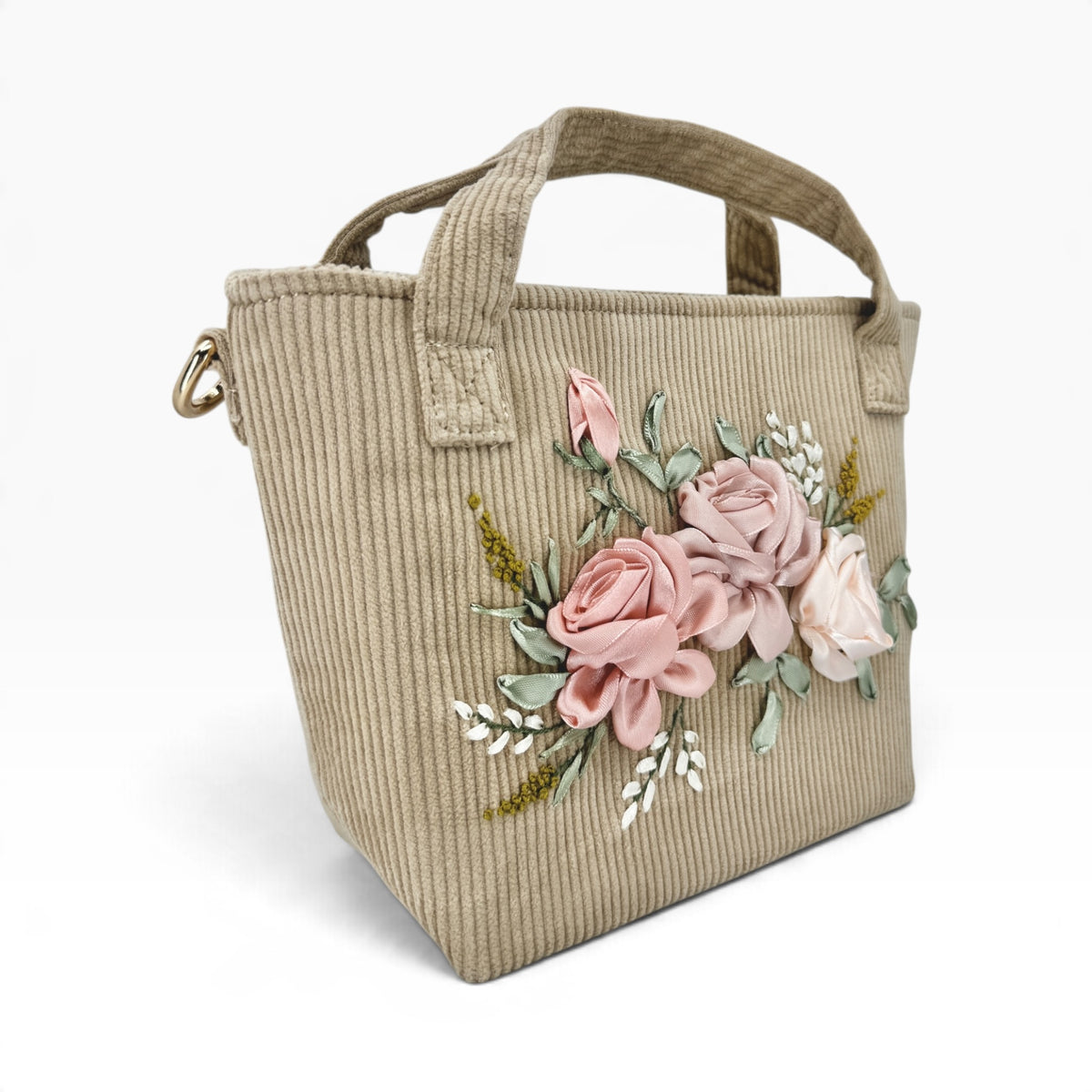 Pastel Roses Ribbon Embroidery Beige Velvet Handbag