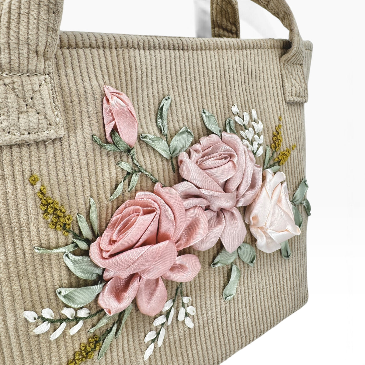 Pastel Roses Ribbon Embroidery Beige Velvet Handbag