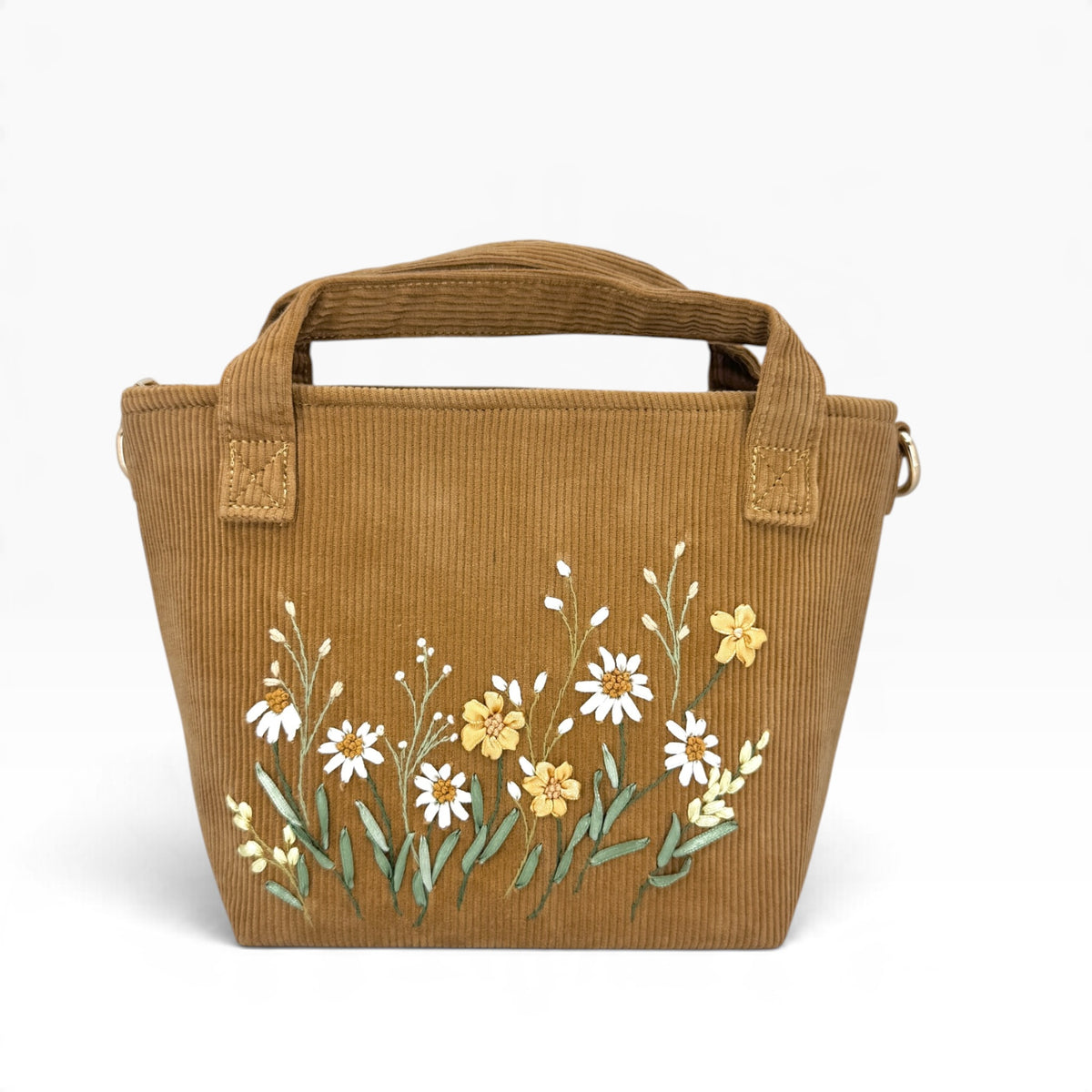 Daisy Garden Ribbon Embroidery Caramel Velvet Handbag