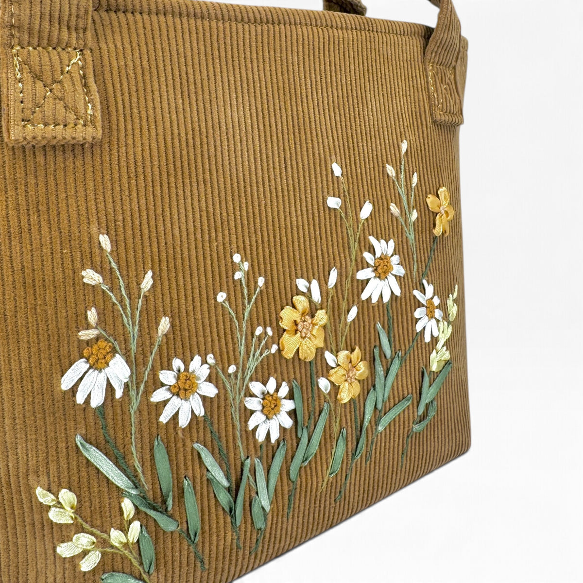 Daisy Garden Ribbon Embroidery Caramel Velvet Handbag