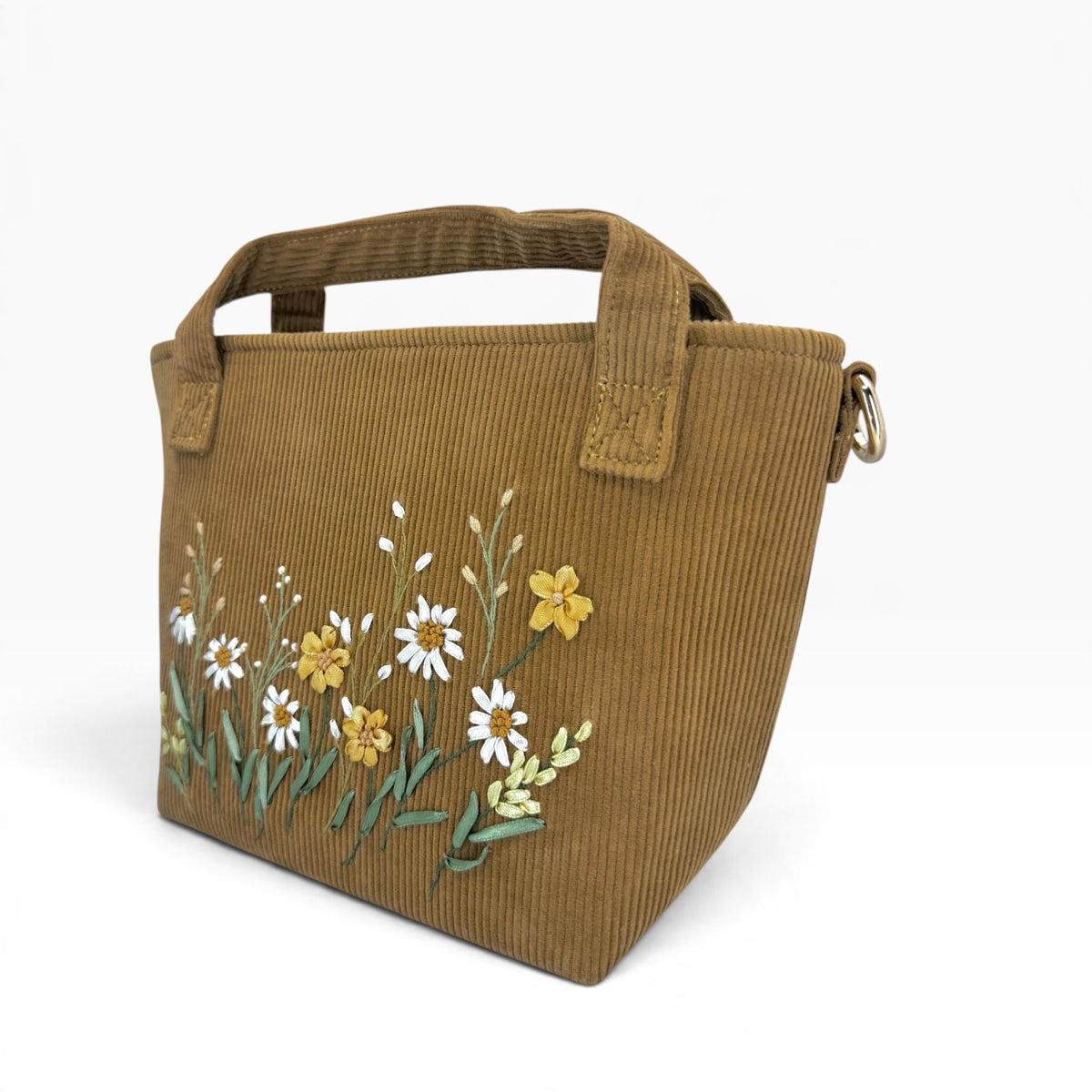 Daisy Garden Ribbon Embroidery Caramel Velvet Handbag