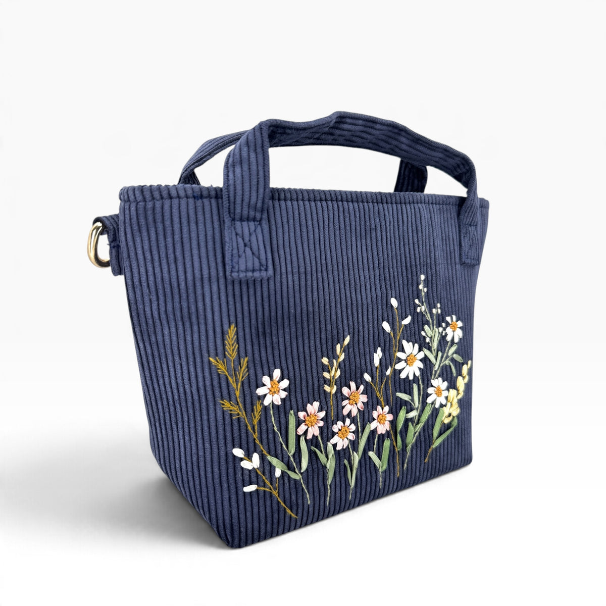 Wildflowers Bloom Ribbon Embroidery Navy Velvet Handbag