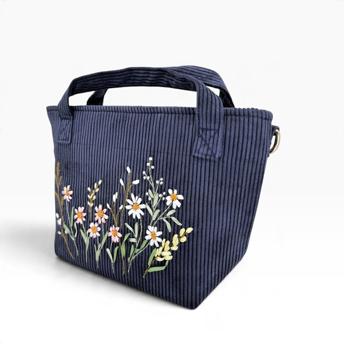 Wildflowers Bloom Ribbon Embroidery Navy Velvet Handbag