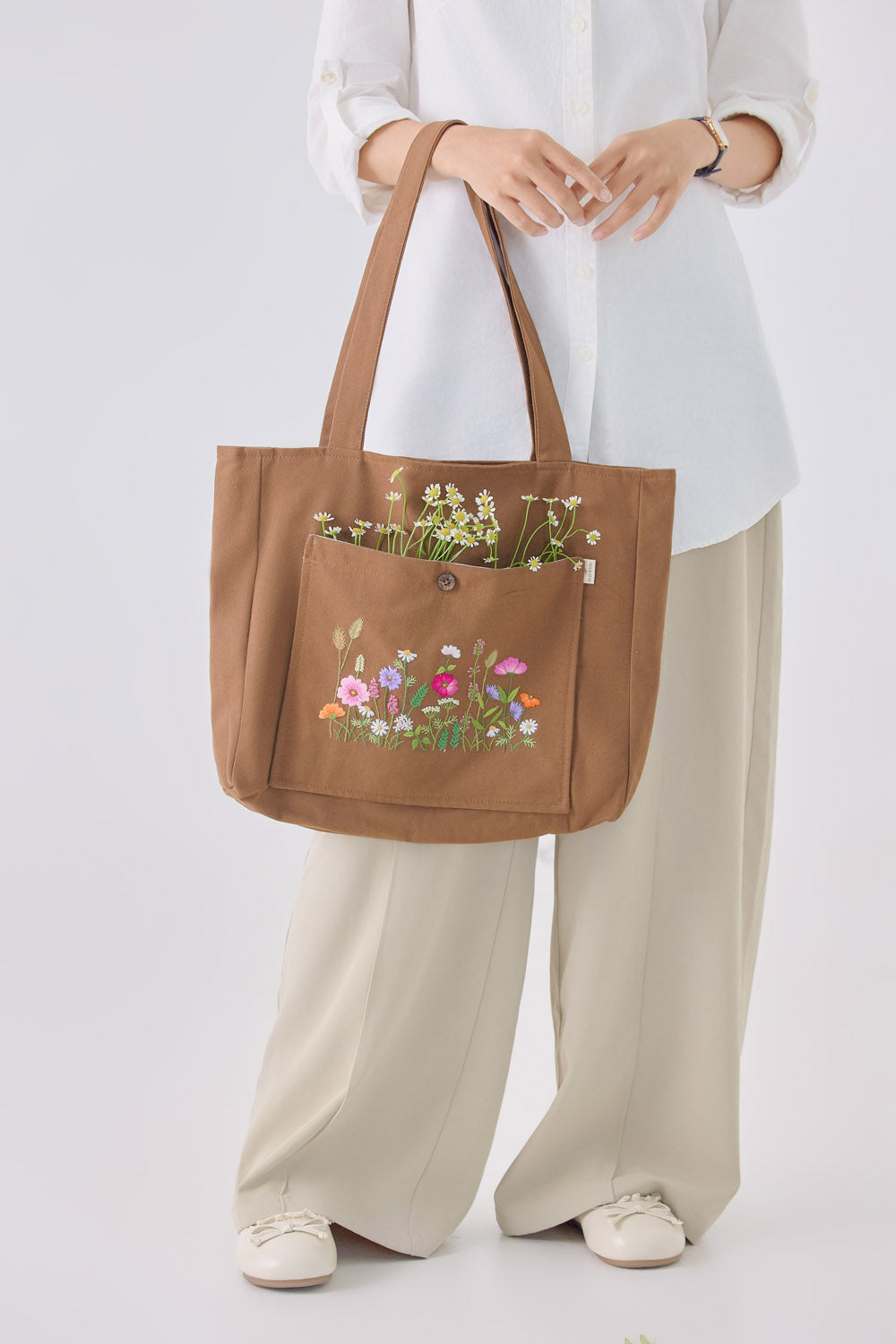 Wildflowers Hand Embroidery Pocket Tote Bag Brown