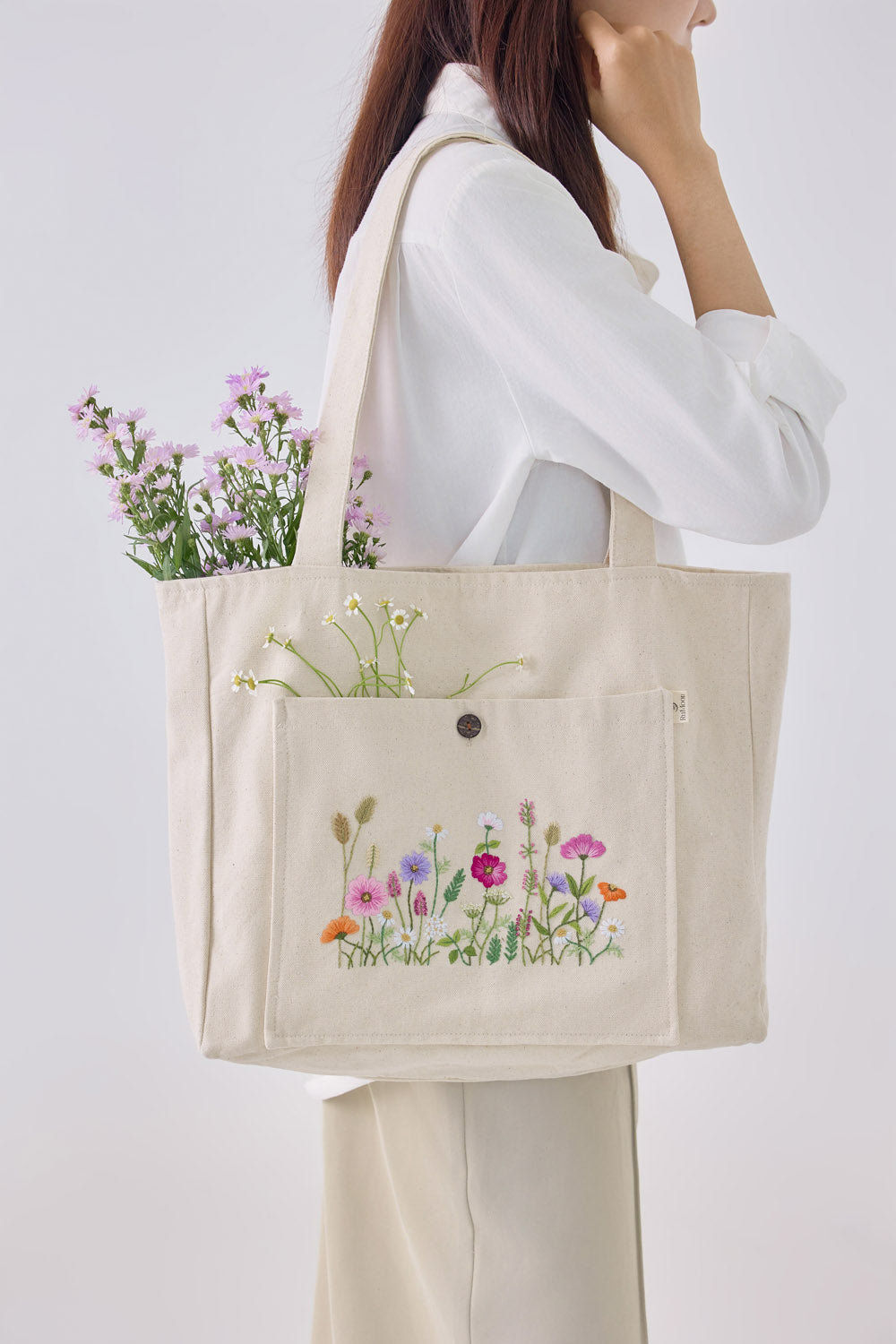 Wildflowers Hand Embroidery Off white Tote Bag