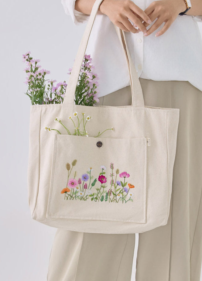 Wildflowers Hand Embroidery Off white Tote Bag