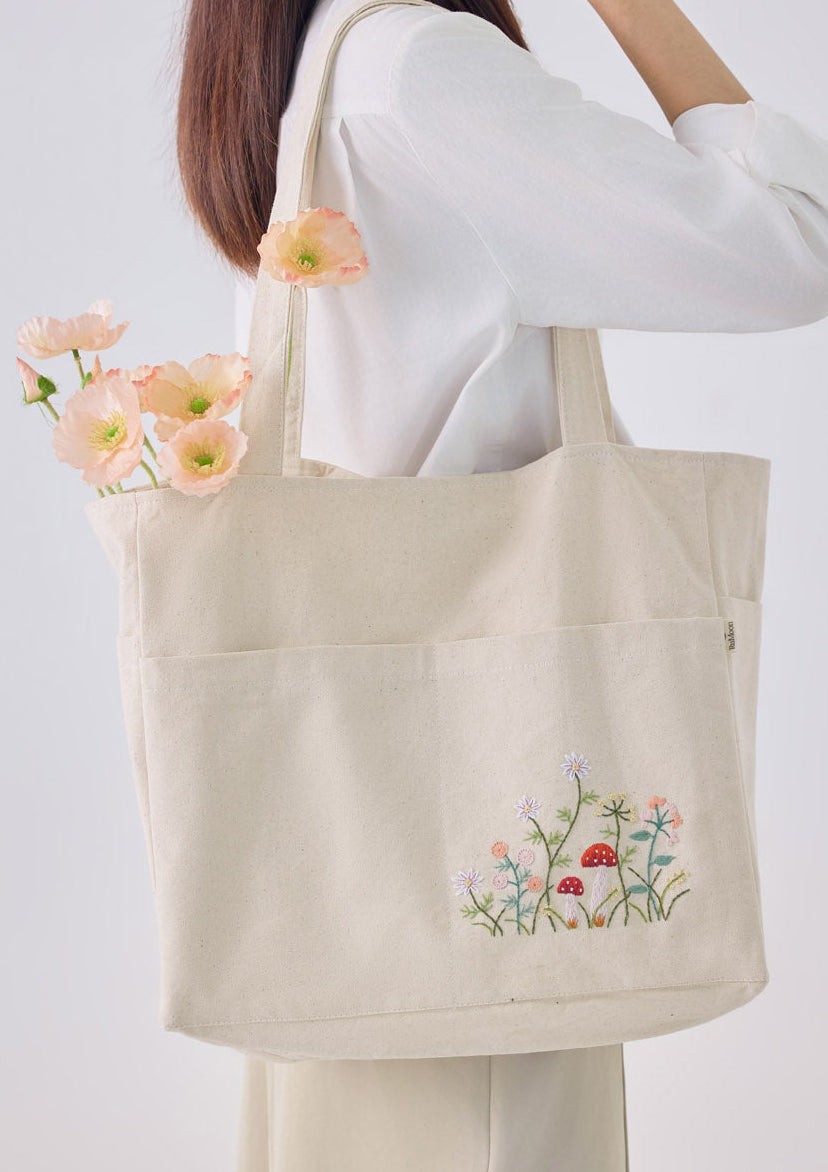 Mushroom Multiple Pockets Hand Embroidery White Tote Bag