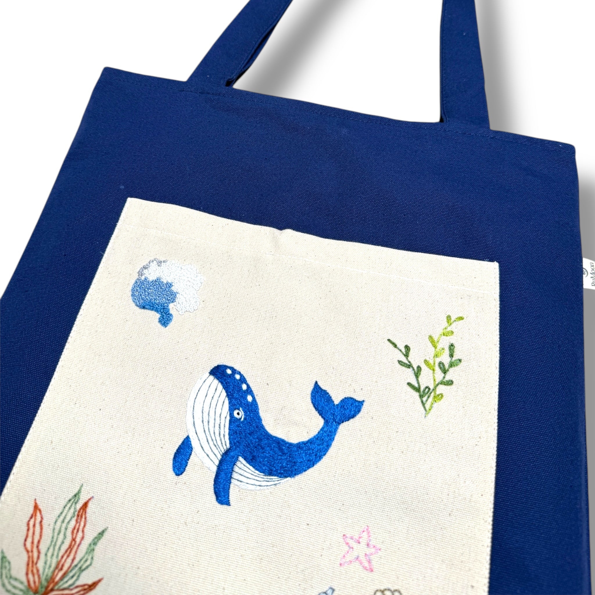 Blue Whale Embroidery Tote Bag