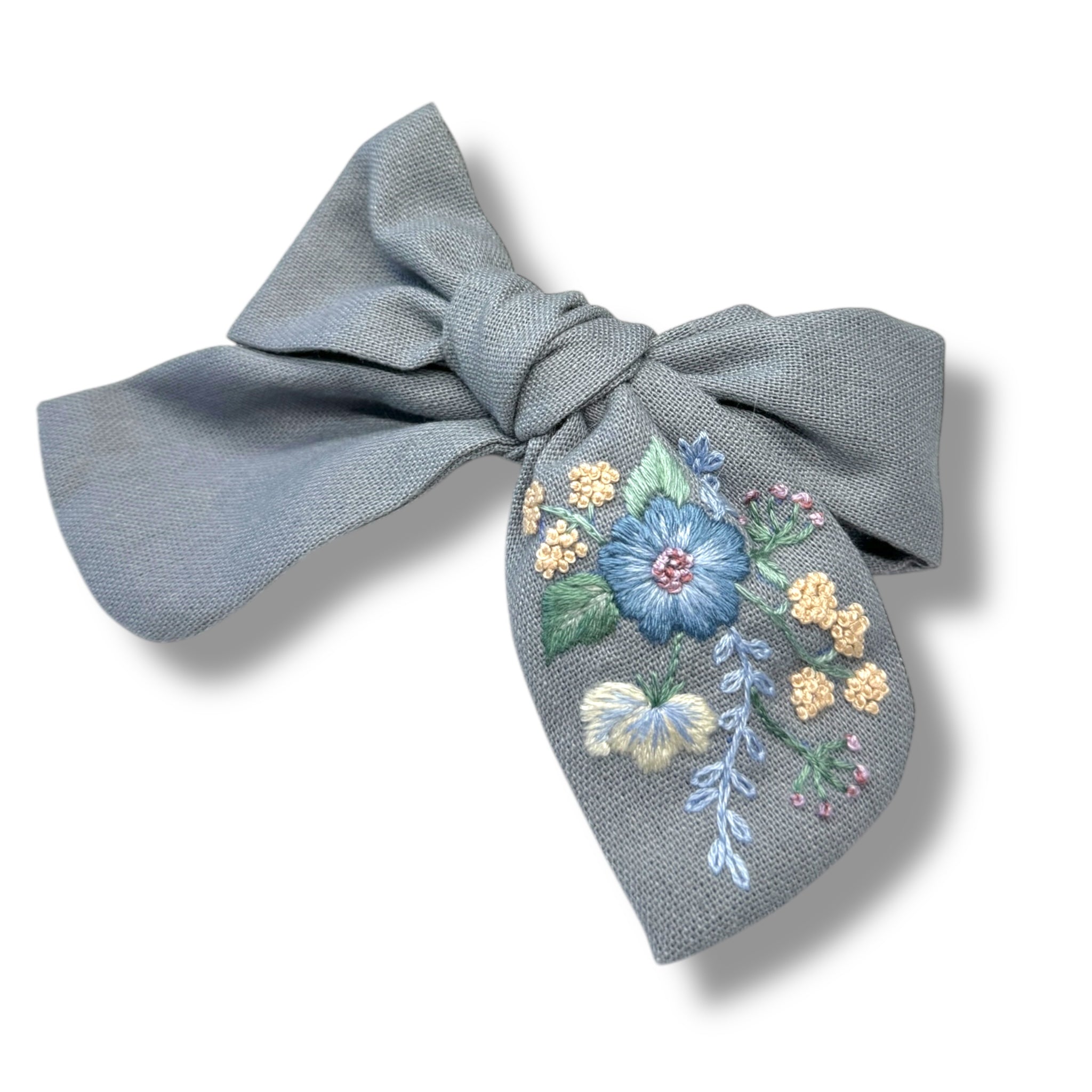 Grey Blue Hand Embroidery Hair Bow